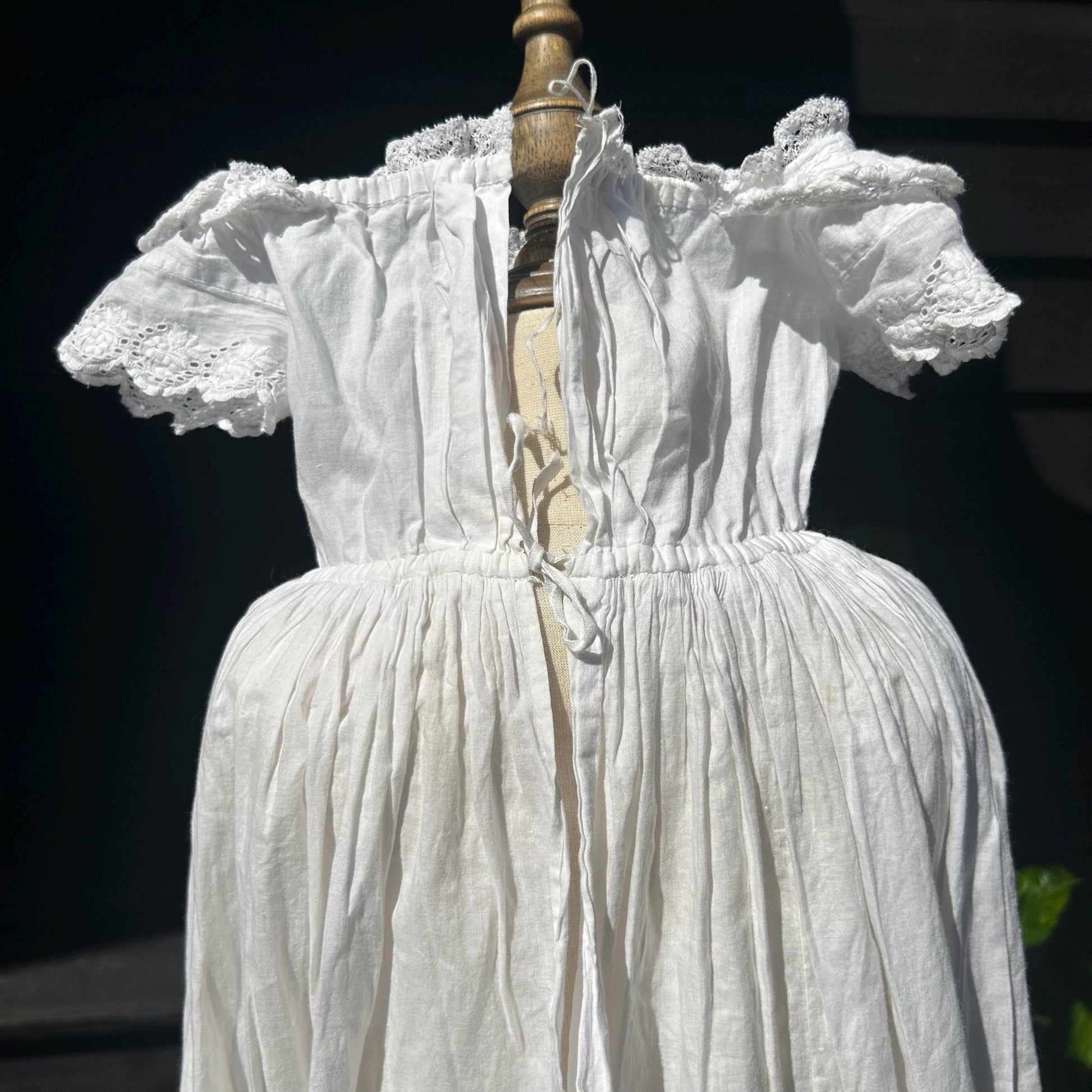 Antique Christening Gown White Cotton Lace Embroidery bodice against black ground - Splendid Vintage World