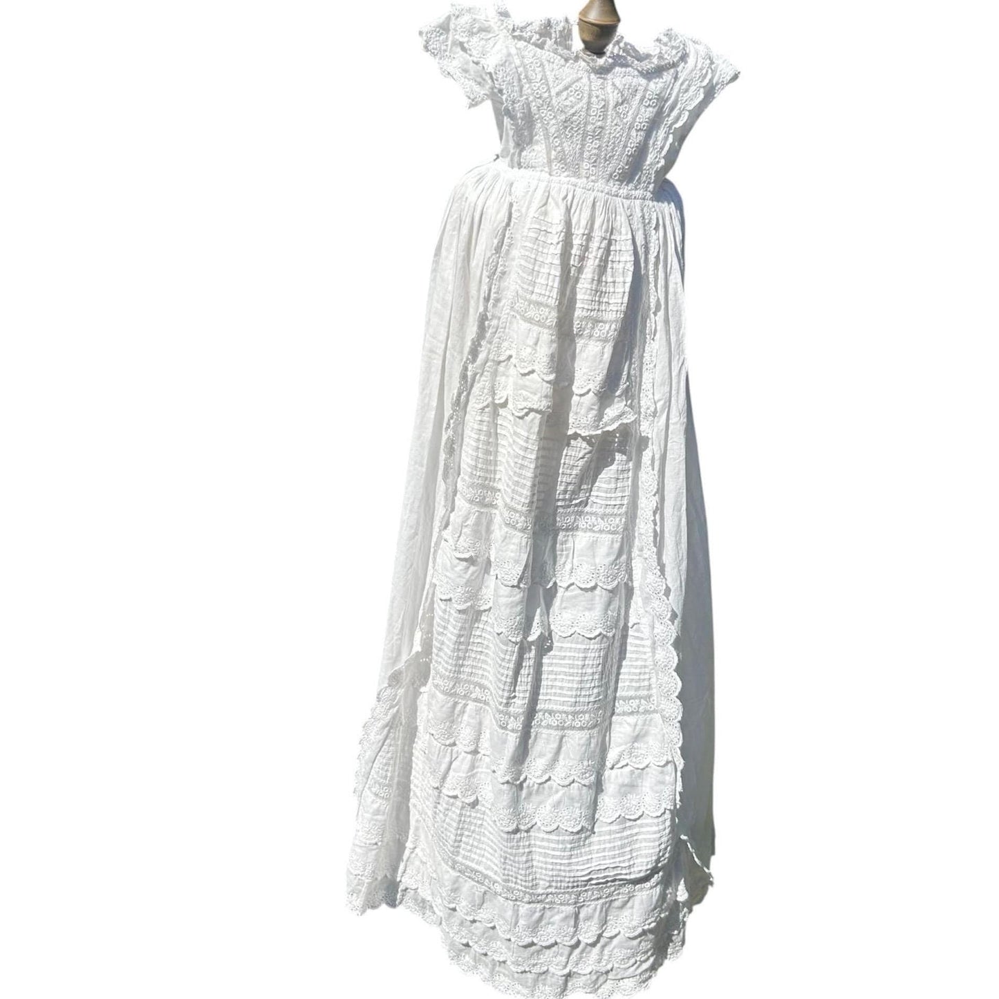 Antique Christening Gown White Cotton Lace Embroidery apron front on white background - Splendid Vintage World