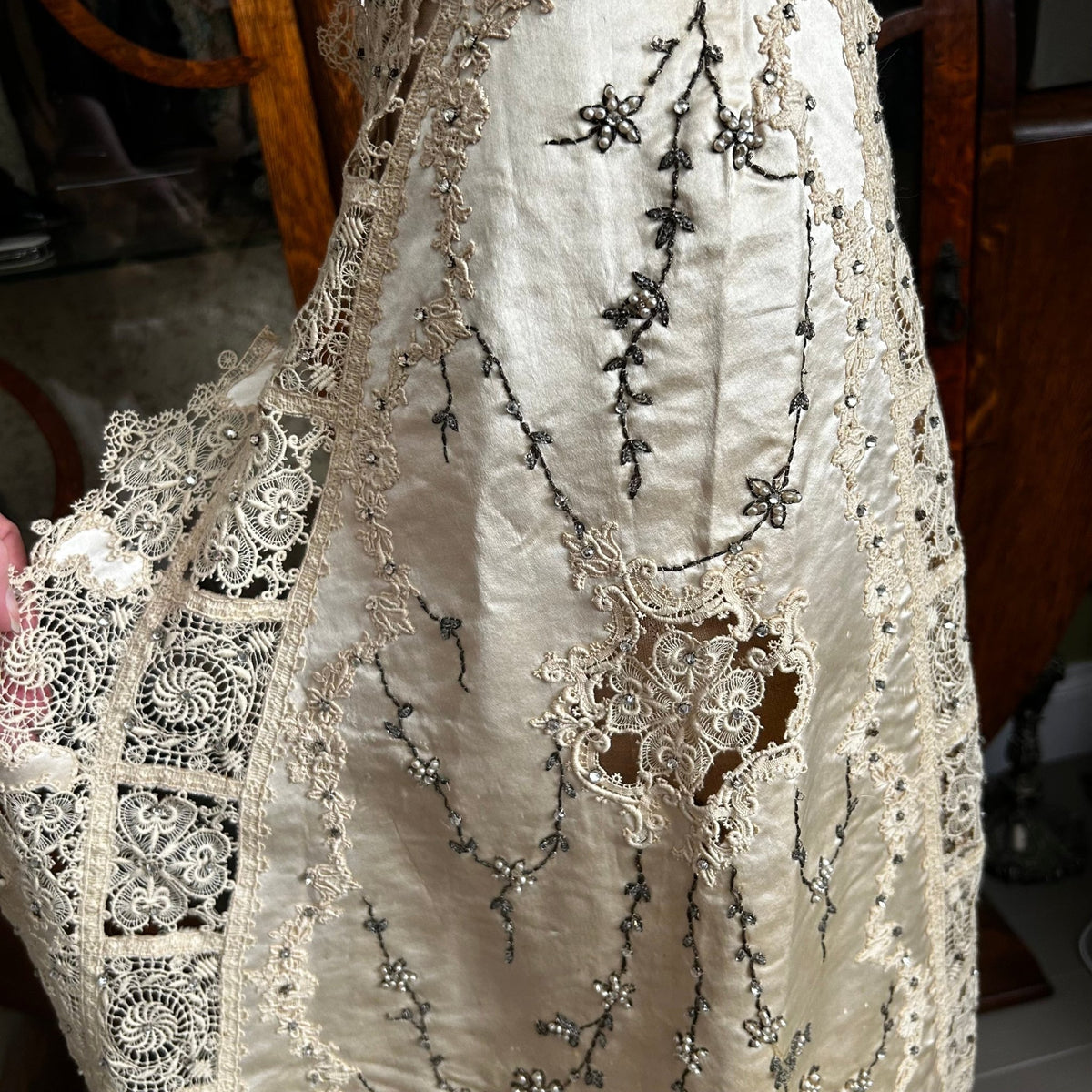 Antique cream satin embroidered, lace paste diamante & faux pearl wedding skirt - Splendid Vintage World