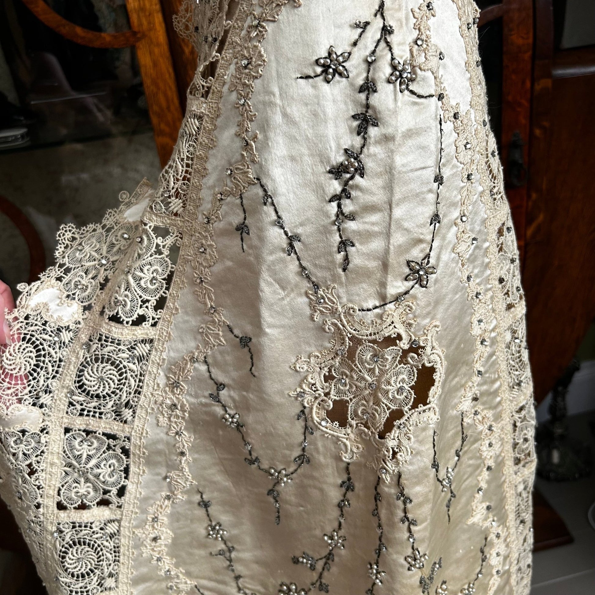 Antique cream satin embroidered, lace paste diamante & faux pearl wedding skirt - Splendid Vintage World