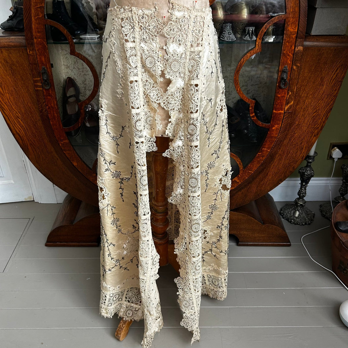 Antique cream satin embroidered, lace paste diamante & faux pearl wedding skirt - Splendid Vintage World