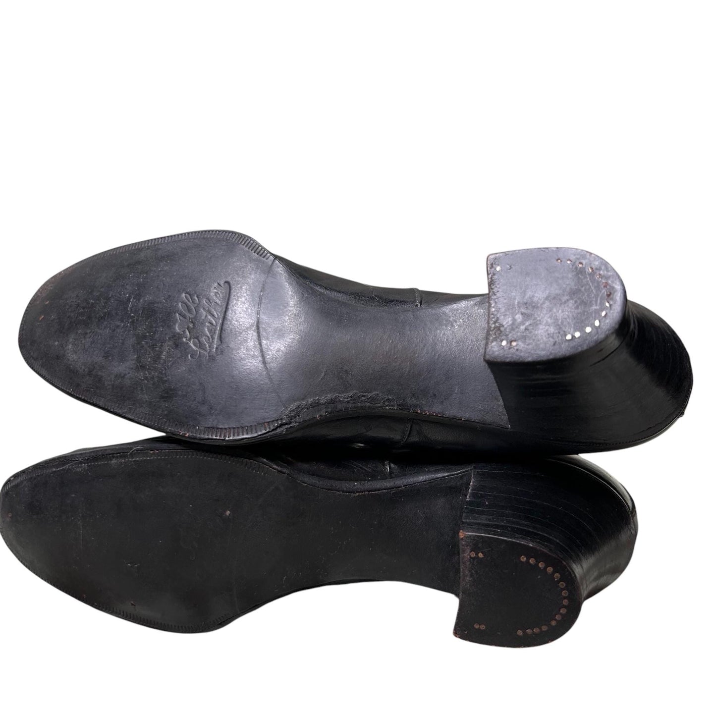 Edwardian Ladies black leather Oxford heeled shoes sole & heel close up on white background - Splendid Vintage World