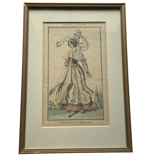 Antique Framed print of a woman in Normand costume dress & bonnet on white background -splendid vintage world