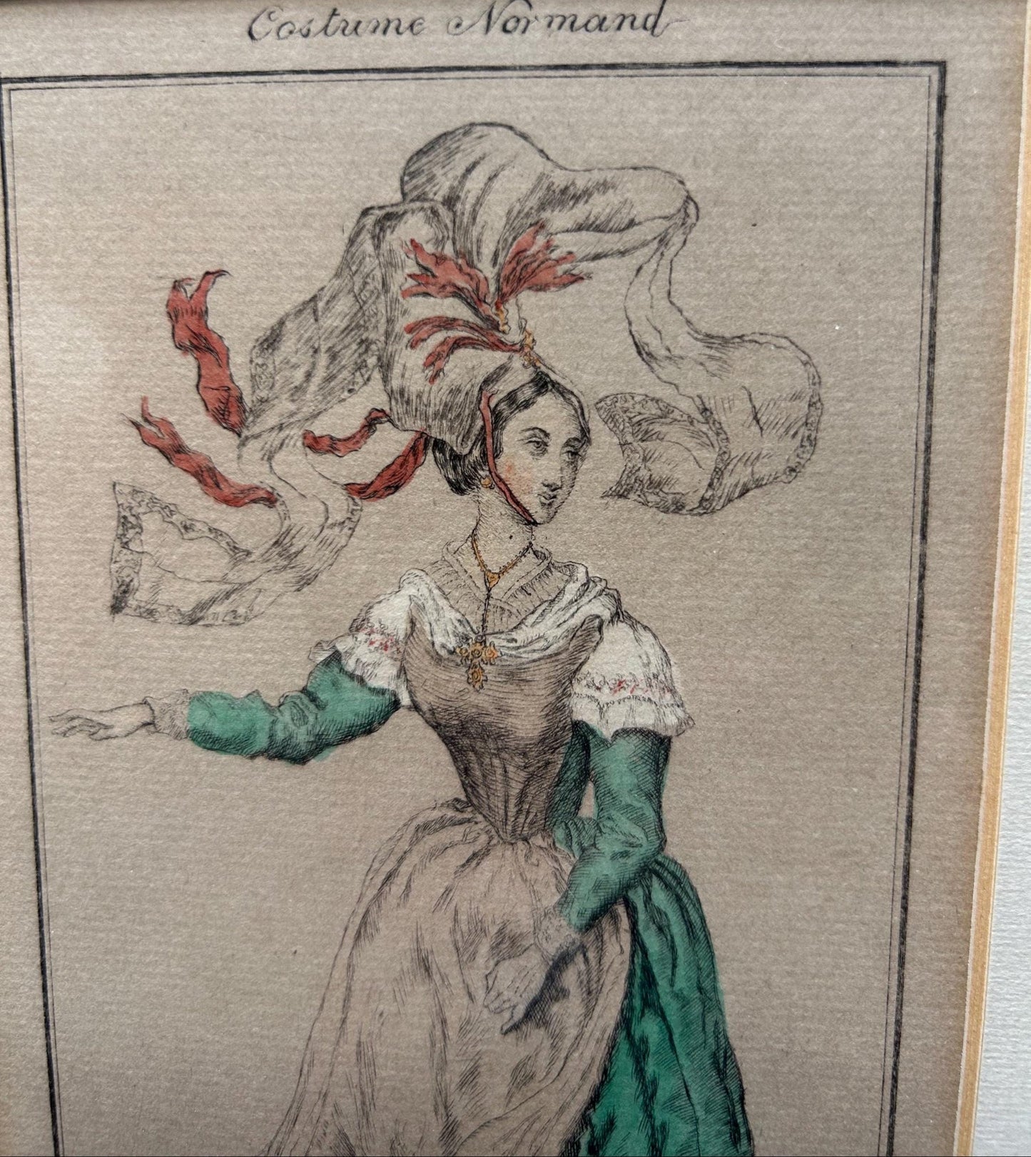 Antique French Print of a lady in a green red & white costume with large flowing bonnet - Splendid Vintage World
