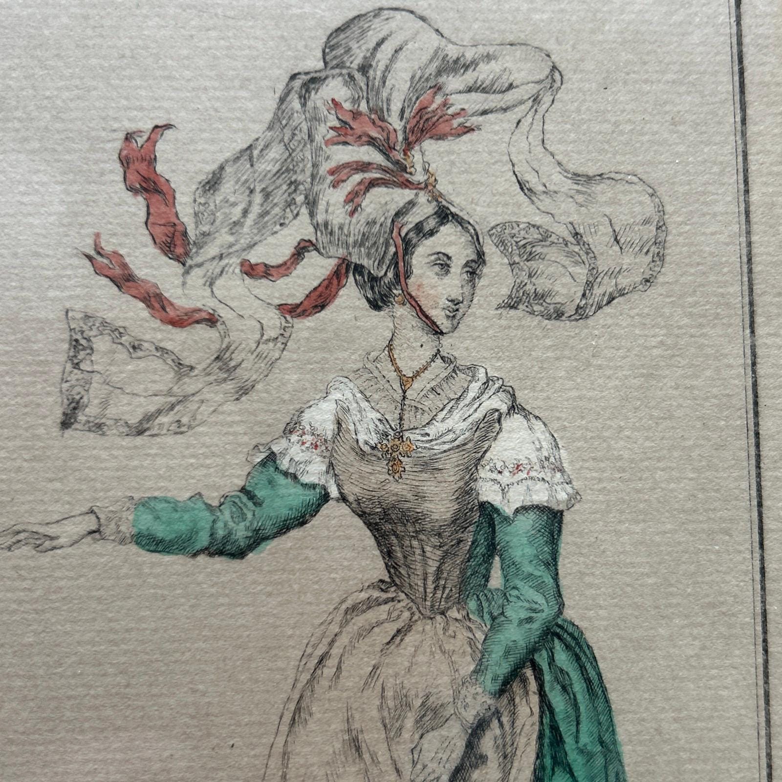 Antique French Costume Print of a lady in green & white dress wearing a large white bonnet  - Splendid Vintage World