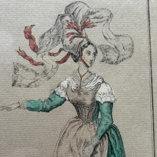 Antique French Costume Print of a lady in green & white dress wearing a large white bonnet  - Splendid Vintage World