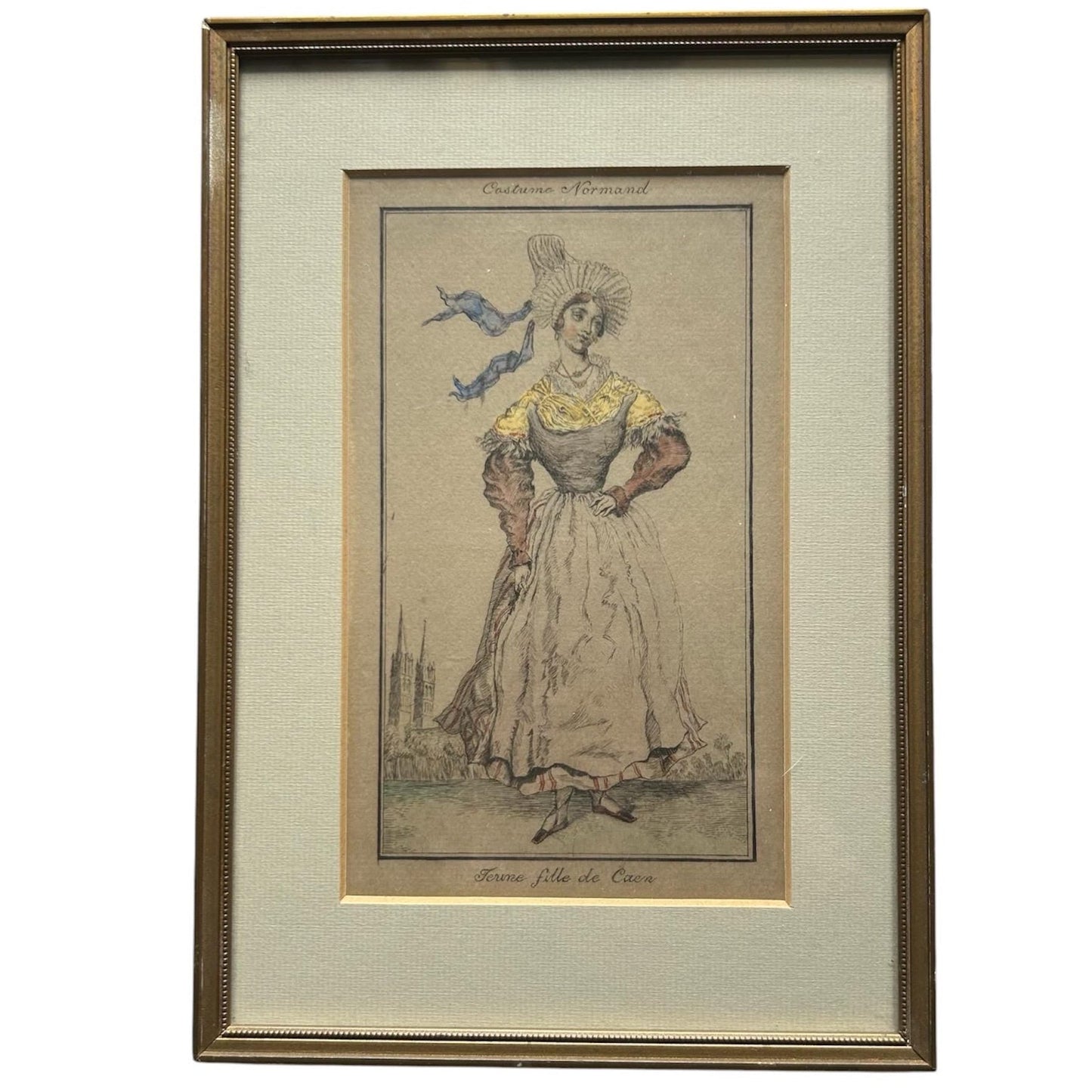 Antique French Costume Print, Jeune Fille de Caen, Hand  tinted on white background - Splendid Vintage World