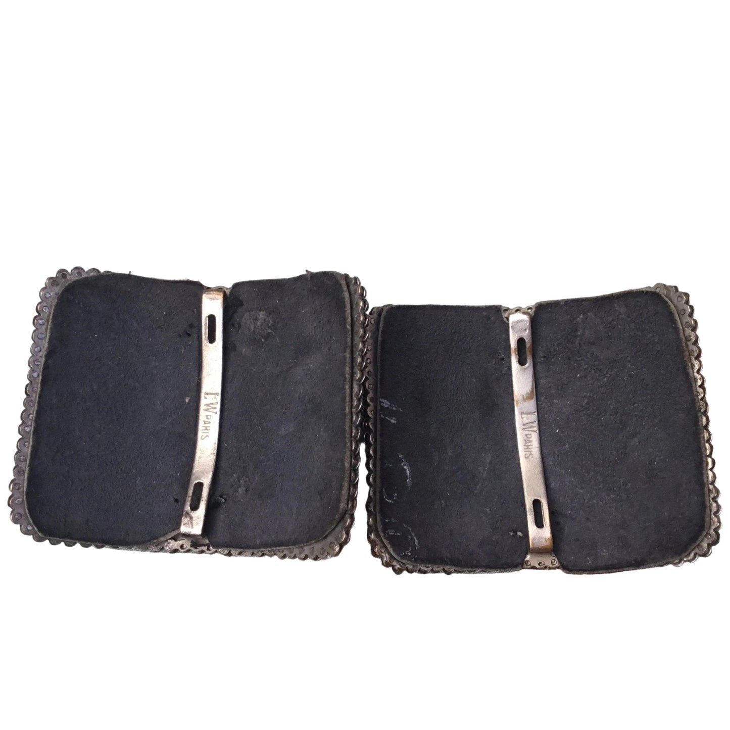 Antique French Cut Steel Shoe Buckles stamped L.W. Paris and retaining the leather backs- Splendid Vintage World