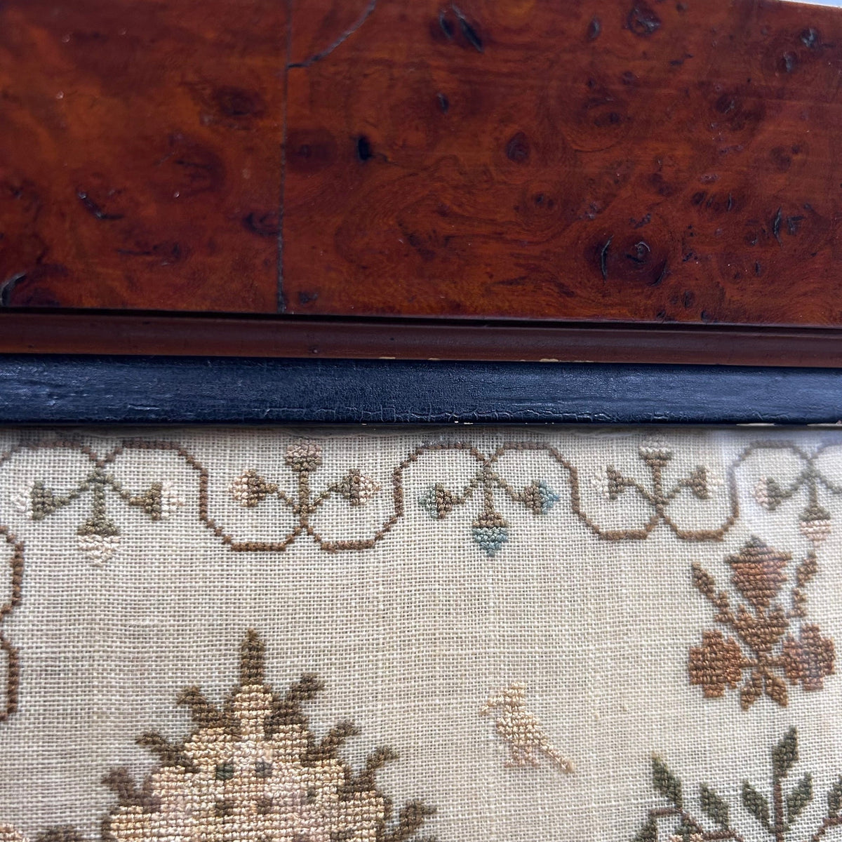 Georgian finely embroidered sampler with floral borders verse trees & plants in maple frame - Splendid Vintage World