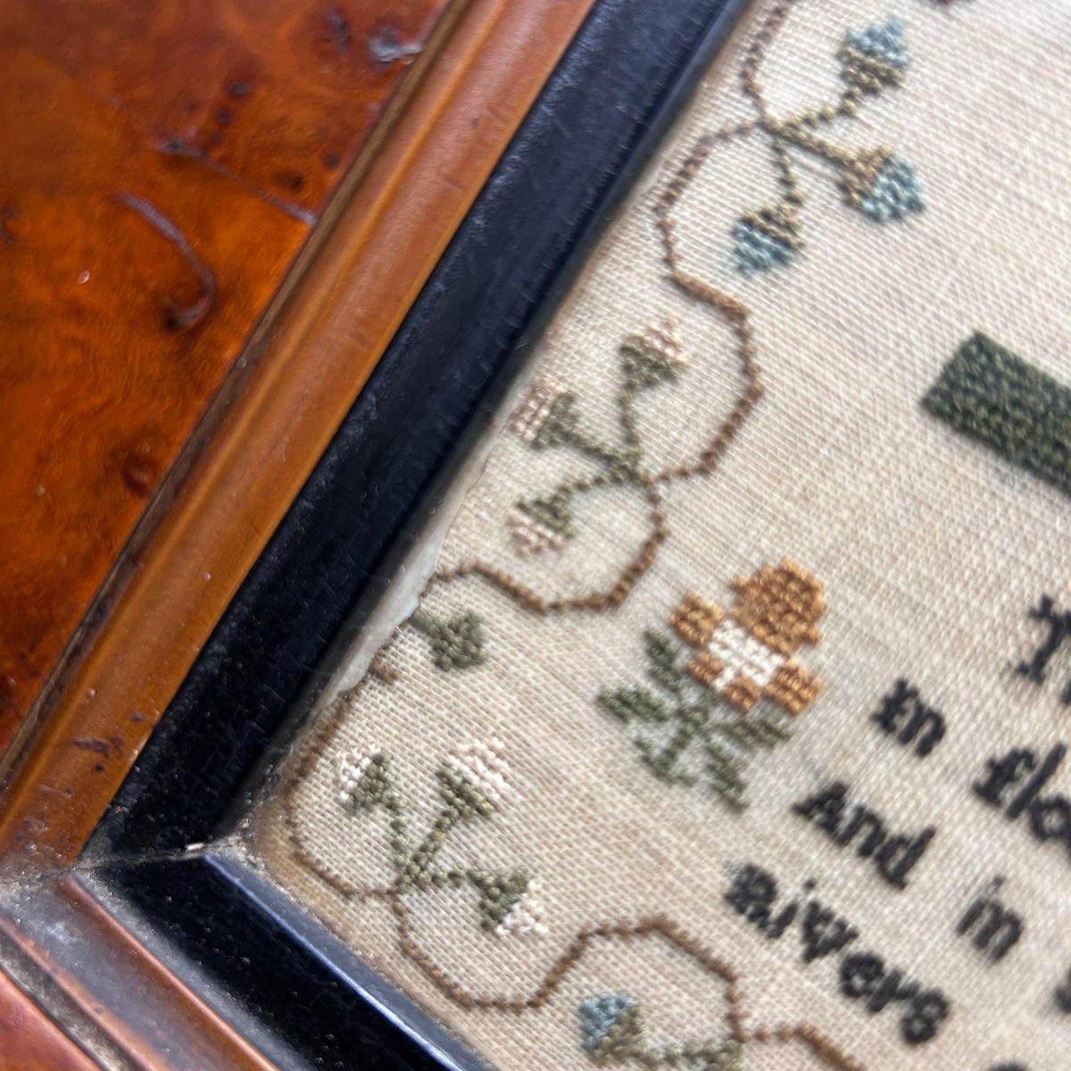 Antique Georgian finely embroidered sampler with floral borders verse trees & plants in maple frame - Splendid Vintage World