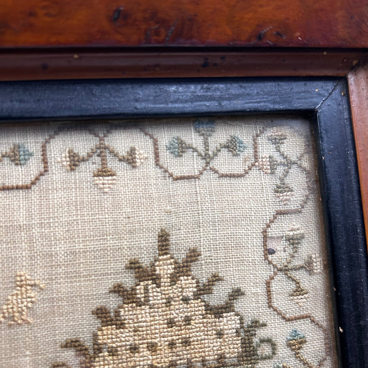 Antique Georgian finely embroidered sampler with floral borders verse trees & plants in maple frame - Splendid Vintage World