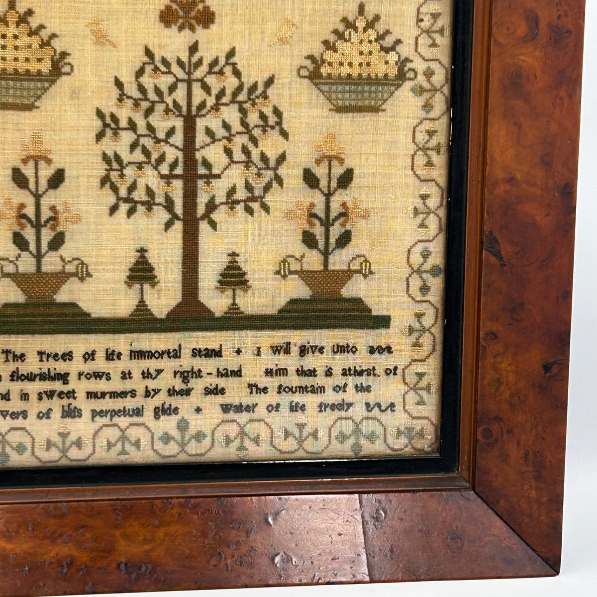 Antique Georgian finely embroidered sampler with floral borders verse trees & plants in maple frame - Splendid Vintage World