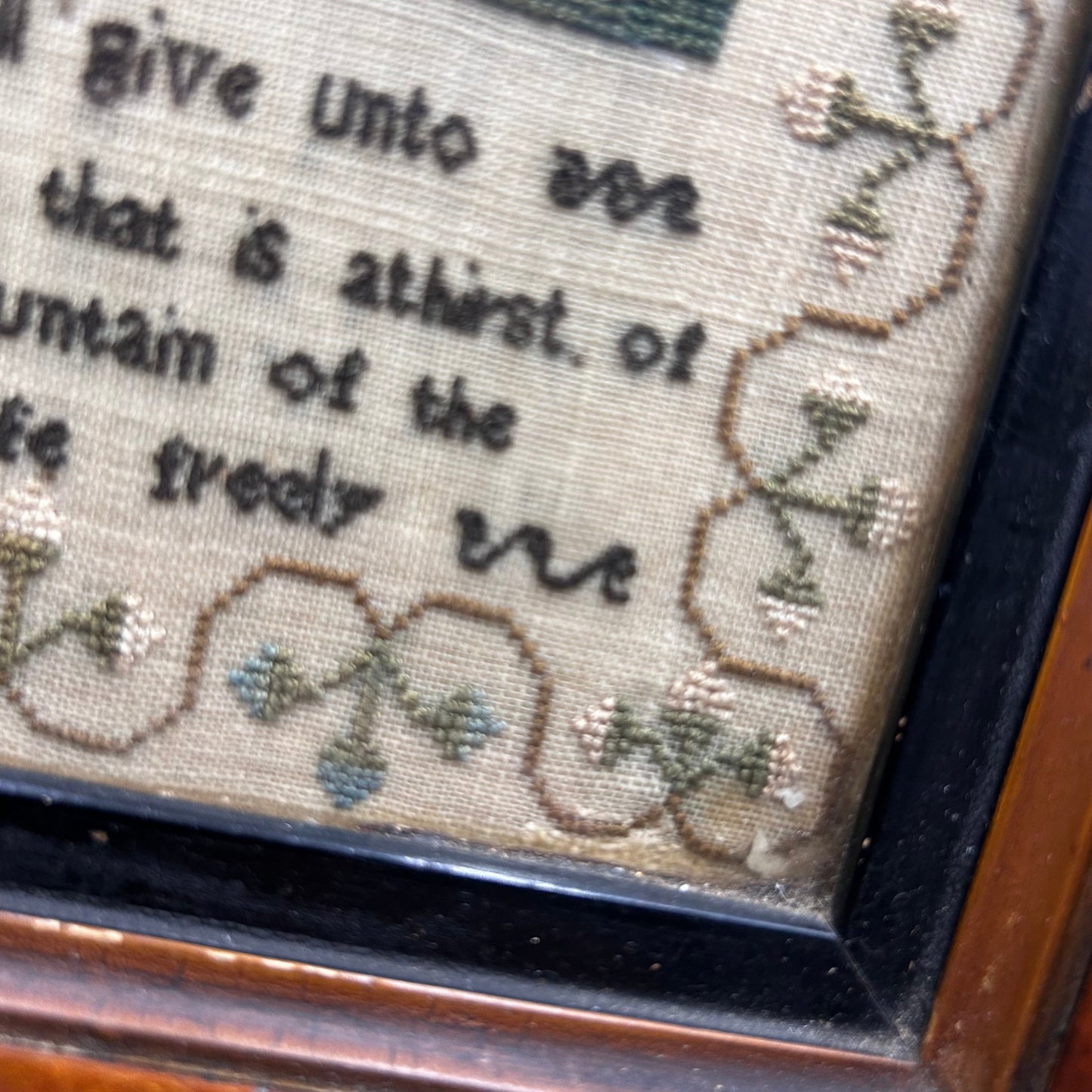 Georgian finely embroidered sampler floral borders verse trees & plants in Birds eye maple frame - Splendid Vintage World