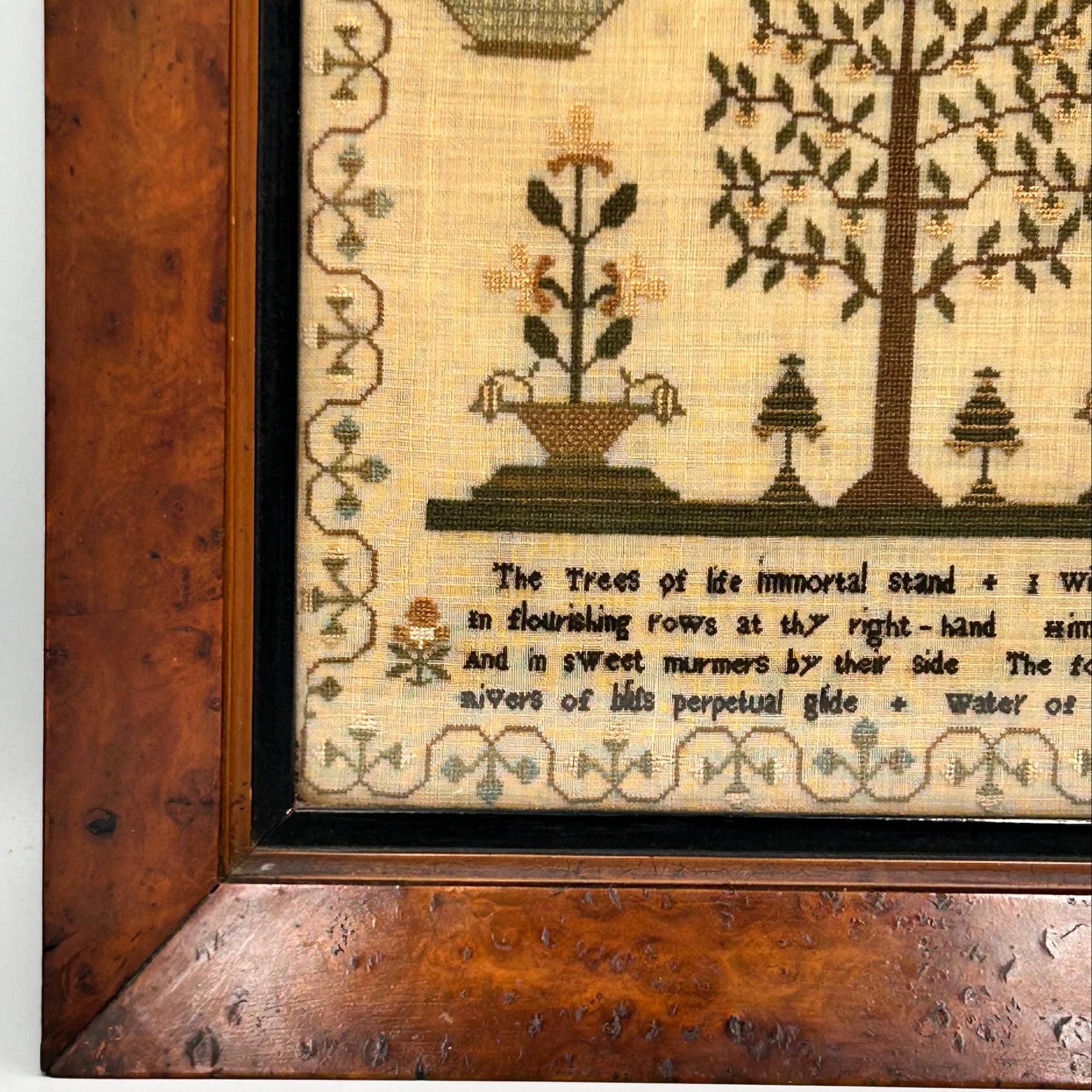 Antique Georgian finely embroidered sampler with floral borders verse trees &  plants in maple frame - Splendid Vintage World