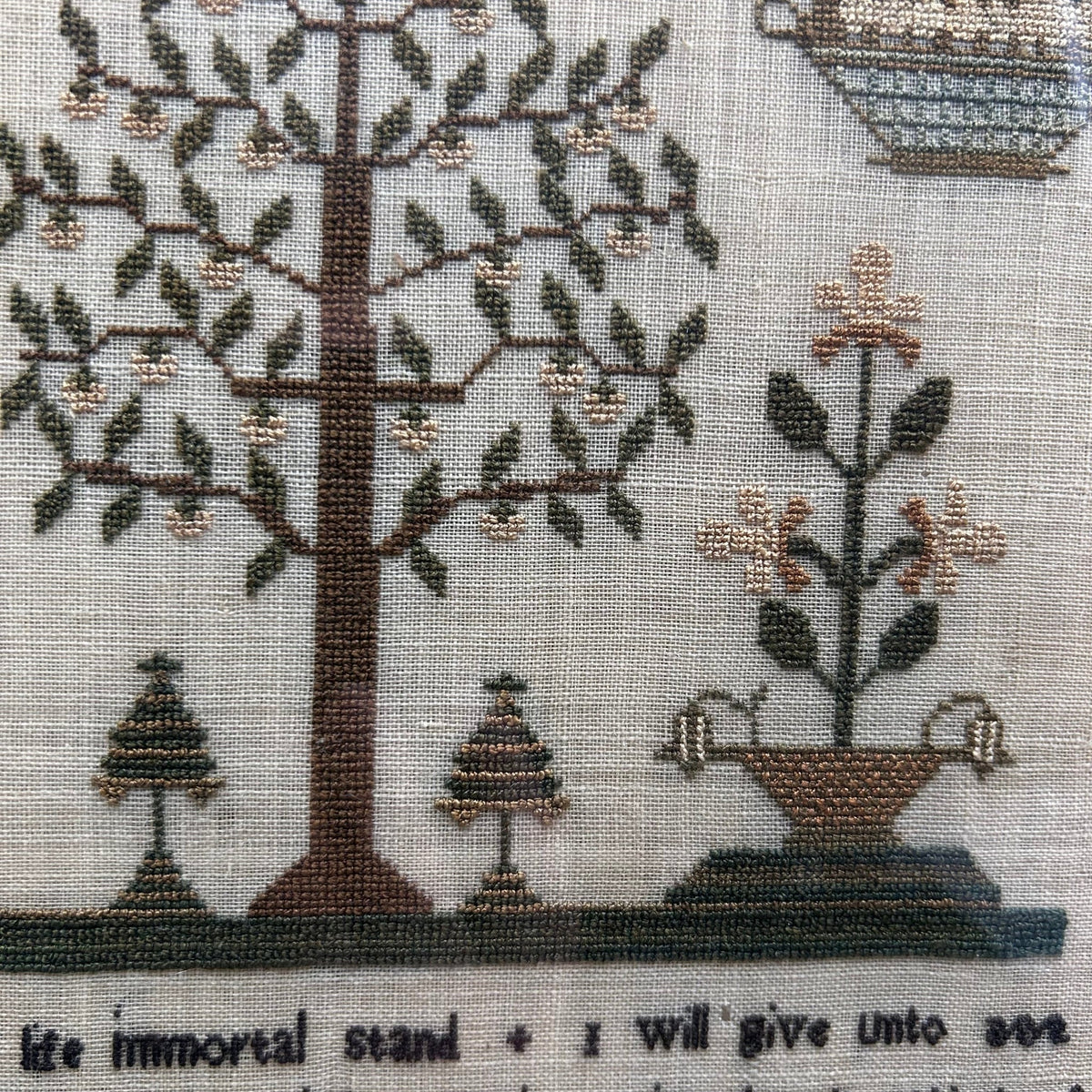 Antique Georgian finely embroidered sampler with floral borders verse trees & plants in maple frame - Splendid Vintage World