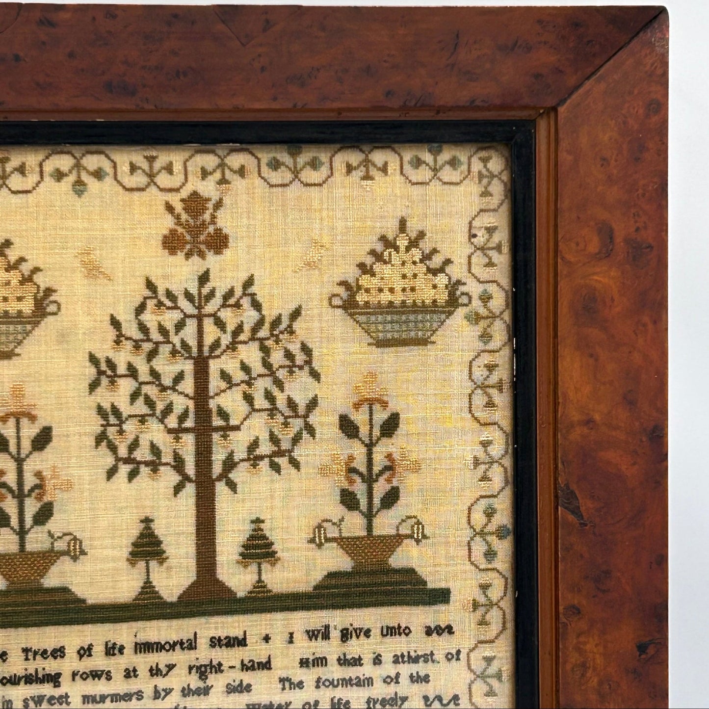 Antique Georgian finely embroidered sampler floral borders verse trees &  plants maple frame  - Splendid Vintage World