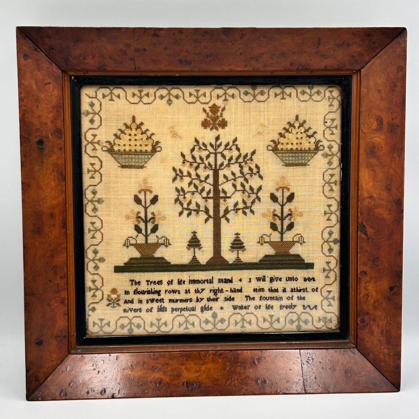 Antique Georgian finely embroidered sampler floral borders verse trees & plants in maple frame - Splendid Vintage World