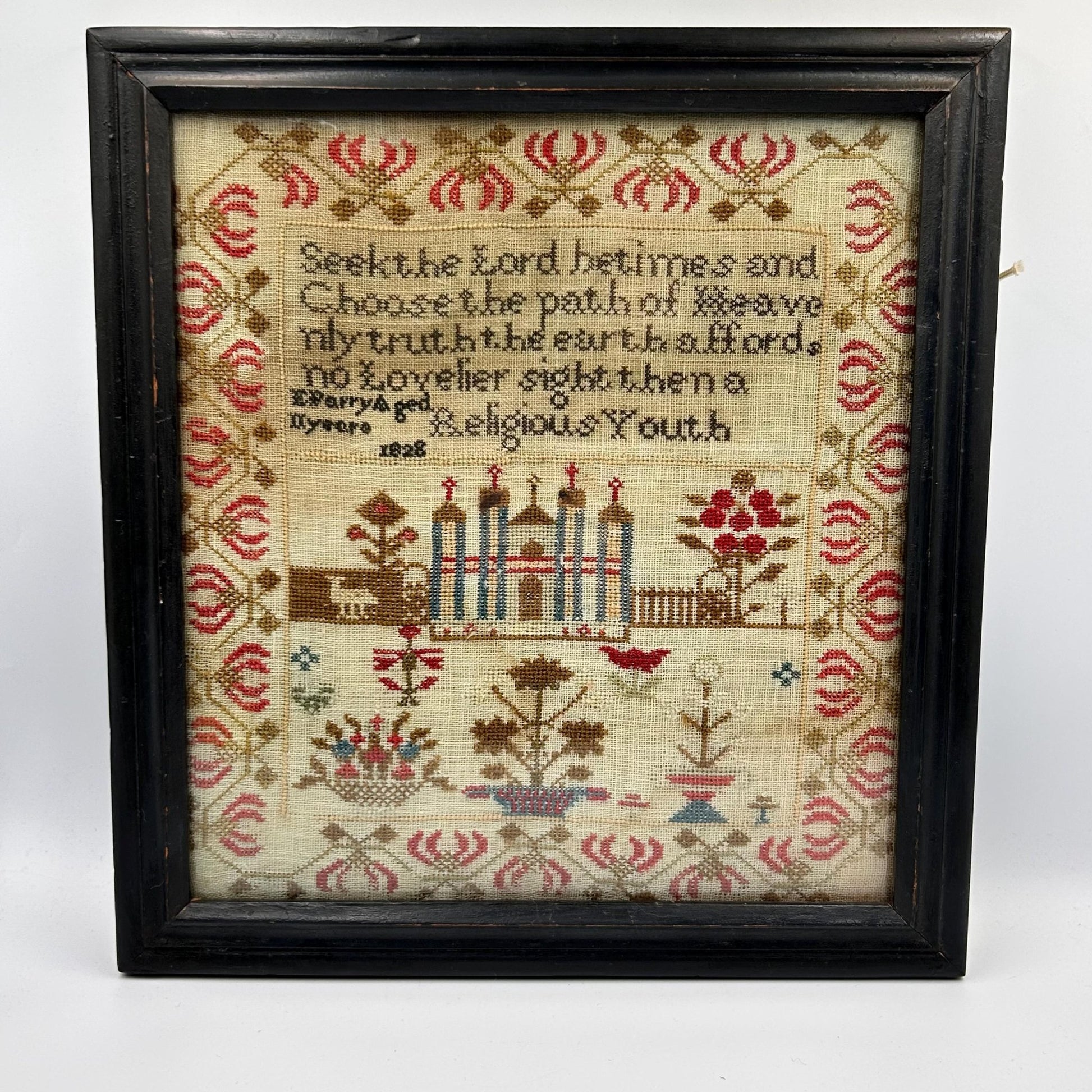 Antique Georgian Religious Sampler dated 1828 by E Parry aged 11 years - Splendid Vintage World