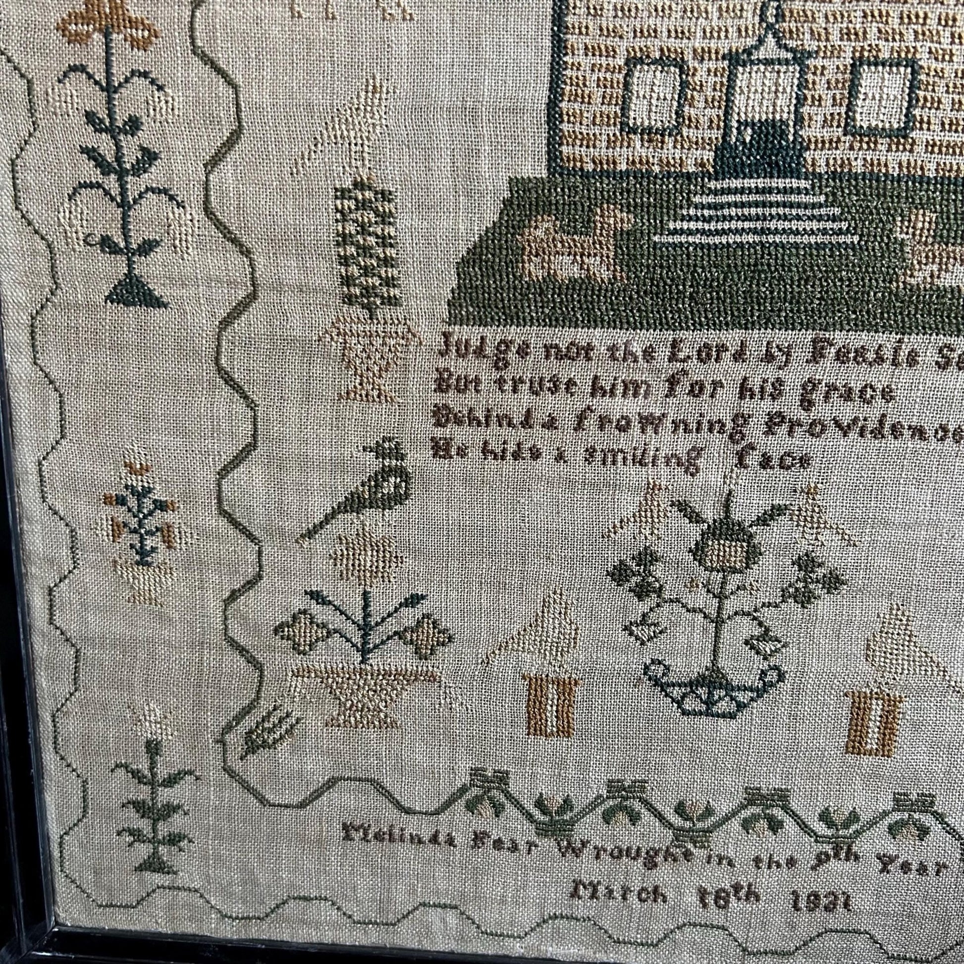 Antique Georgian Sampler signed & dated 1831 with a House, Deer, Dogs and Floral Border - Splendid Vintage World