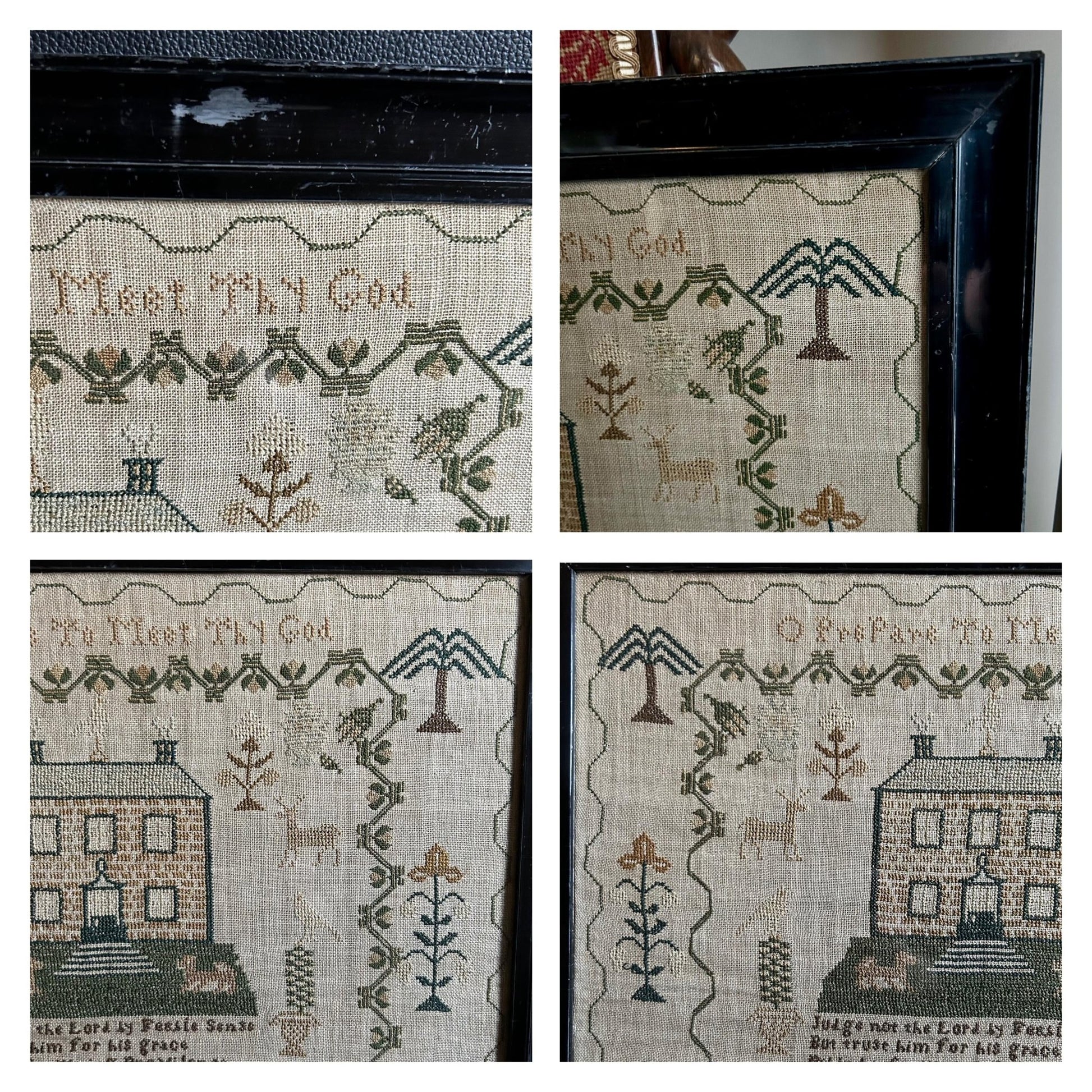 Frame of Antique Georgian Sampler signed & dated 1831 with a House, Deer, Dogs and Floral Border - Splendid Vintage World