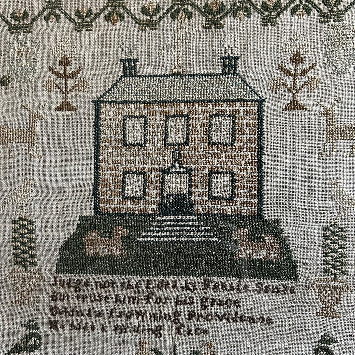 Antique Georgian Sampler signed & dated 1831 by Melinda Fear aged 9 with a House, Deer, Dogs and Floral Border