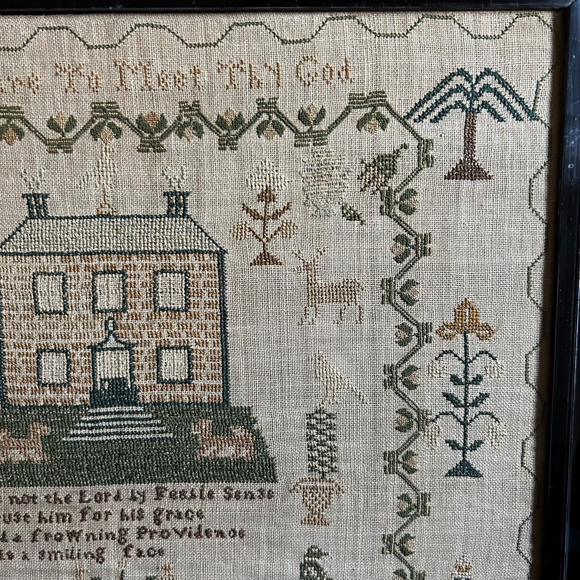 Antique Georgian Sampler signed & dated 1831 with a House, Deer, Dogs and Floral Border - Splendid Vintage World