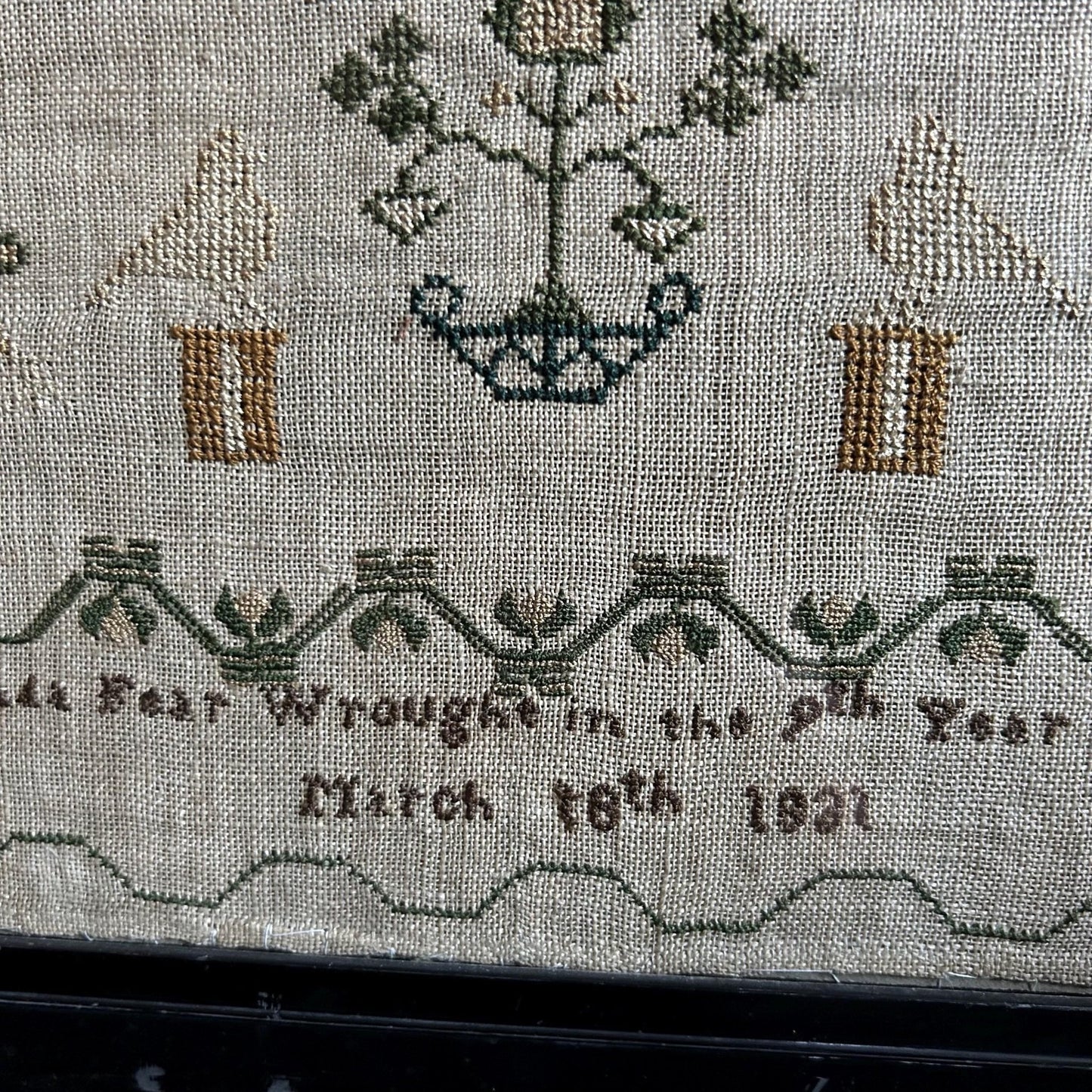 Antique Georgian Sampler signed & dated 1831 with a House, Deer, Dogs and Floral Border - Splendid Vintage World