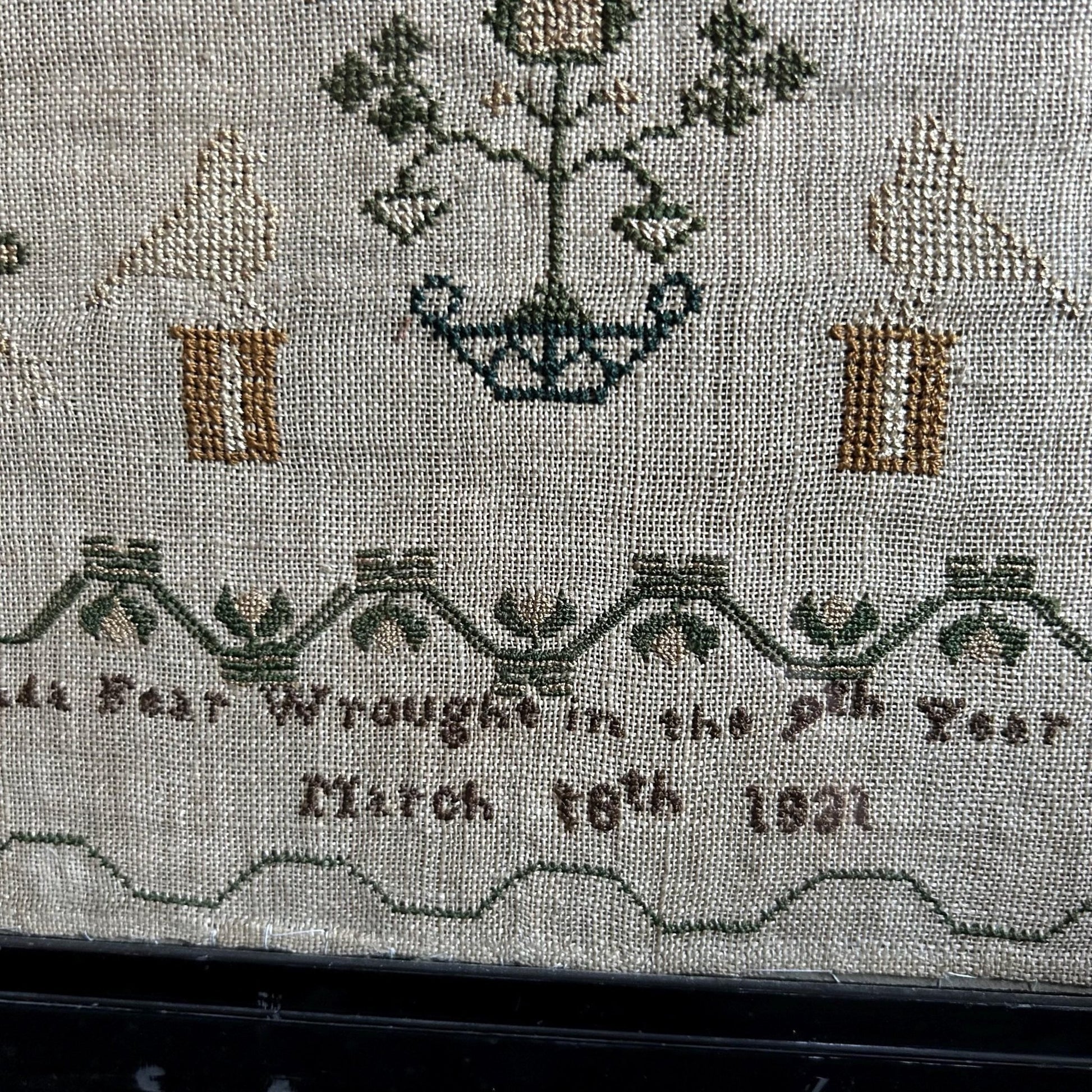 Antique Georgian Sampler signed & dated 1831 with a House, Deer, Dogs and Floral Border - Splendid Vintage World