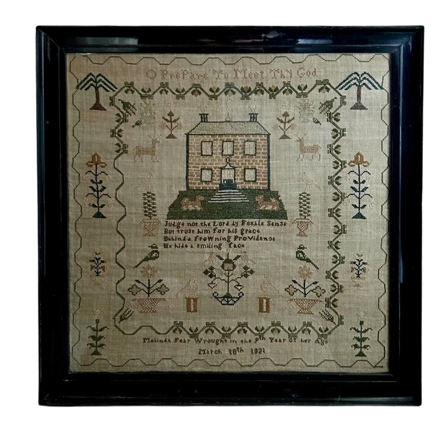 Antique Georgian Sampler signed & dated 1831 by Melinda Fear aged 9 with a House, Deer, Dogs and Floral Border