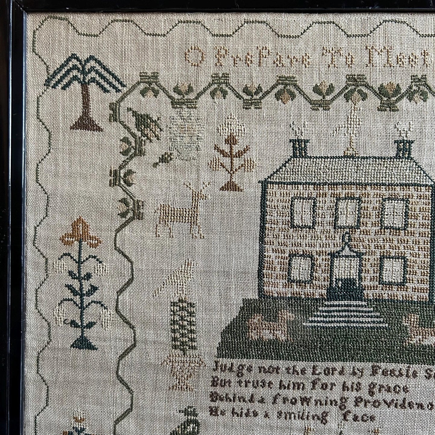 Antique Georgian Sampler signed & dated 1831 with a House, Deer, Dogs and Floral Border - Splendid Vintage World