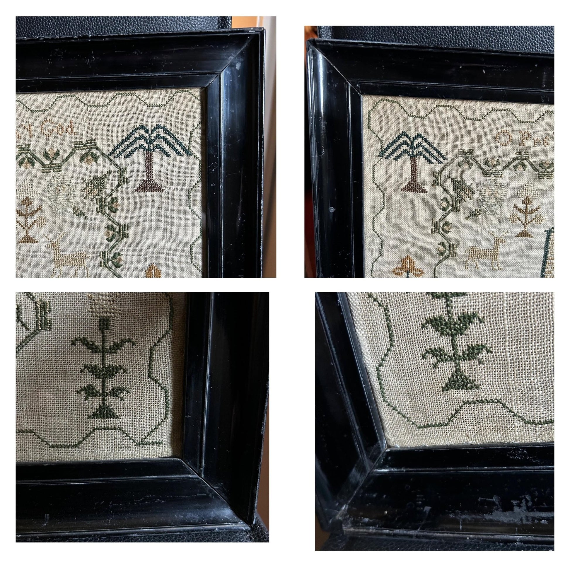 Frame of Antique Georgian Sampler signed & dated 1831 with a House, Deer, Dogs and Floral Border - Splendid Vintage World