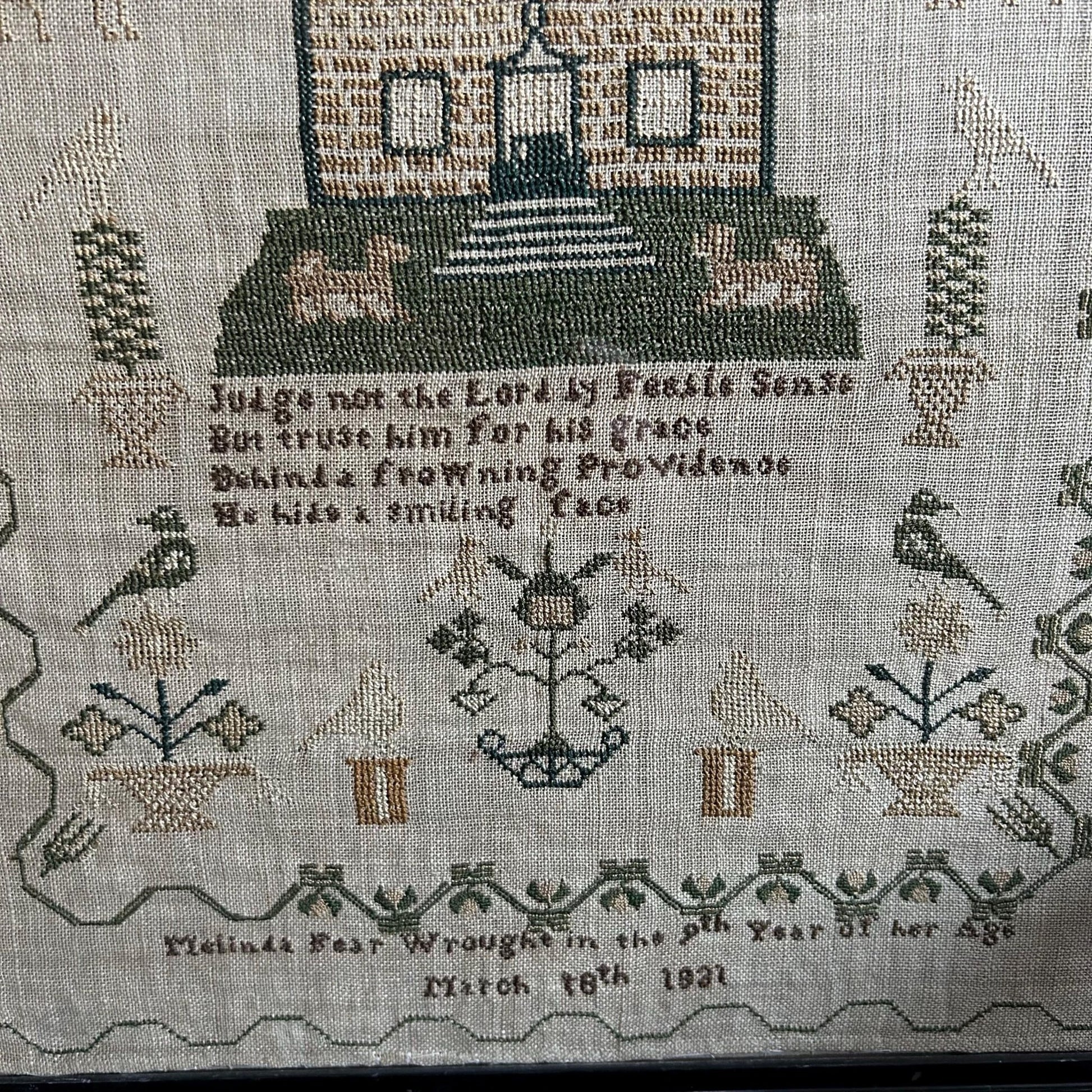 Antique Georgian Sampler signed & dated 1831 by Melinda Fear aged 9 with a House, Deer, Dogs and Floral Border