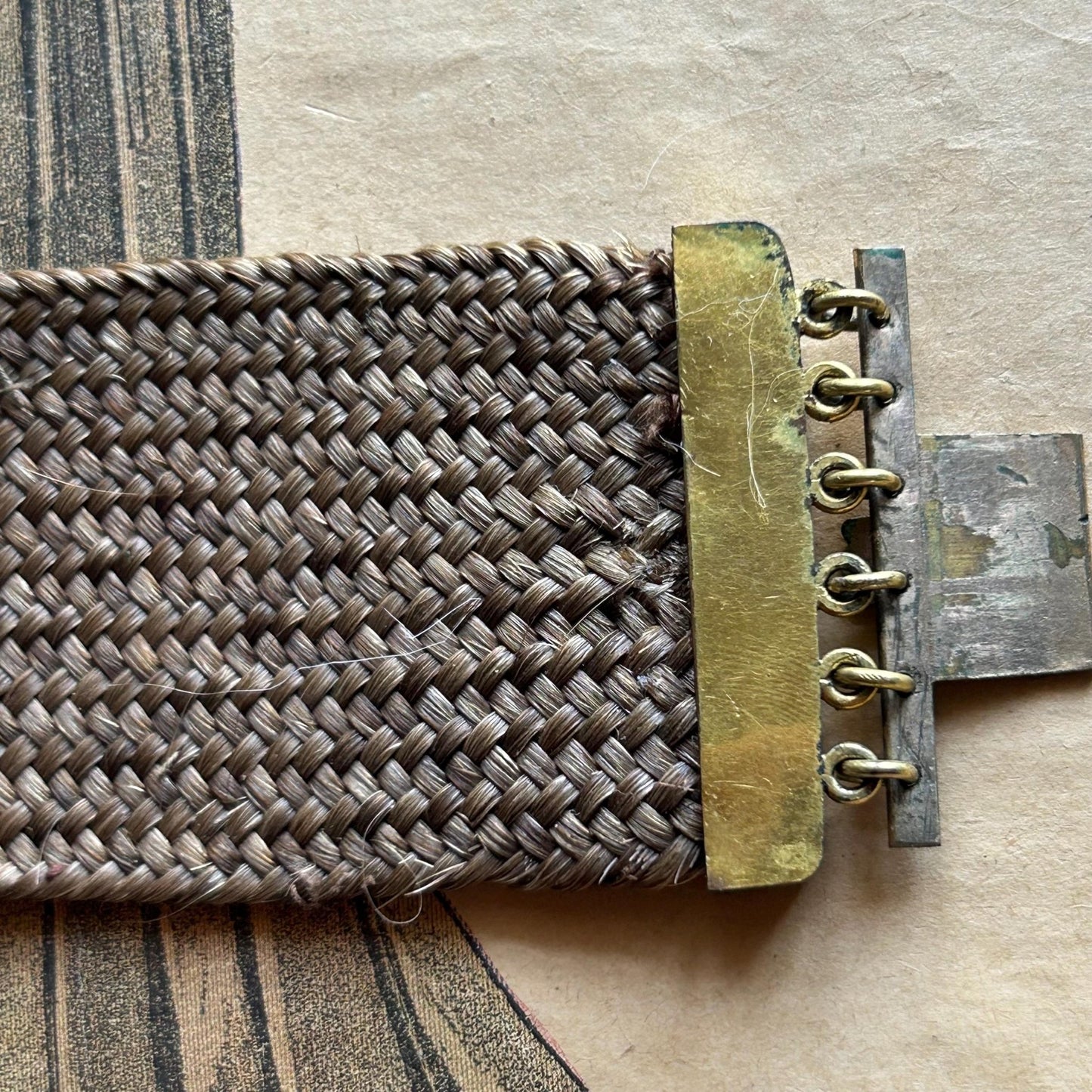 Antique Georgian Woven Hair Cuff Bracelet Gilt Metal fastening catch on printed magazine - Splendid Vintage World