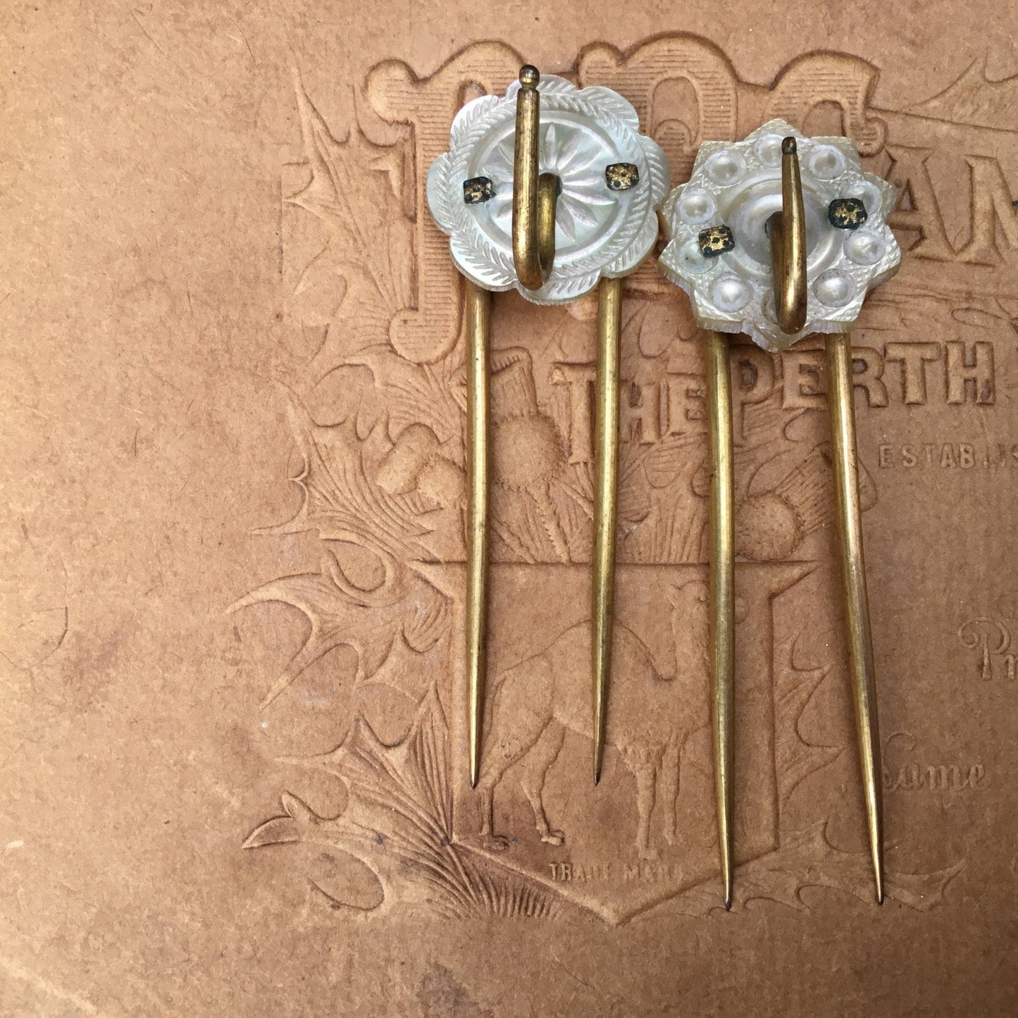 2 gold coloured Hair pins with mother of pearl circular top on textured brown background - Splendid Vintage World
