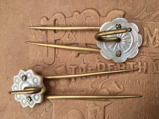 Antique Gilded Mother of Pearl Hairpins, Edwardian Headdress Pins - Splendid Vintage World