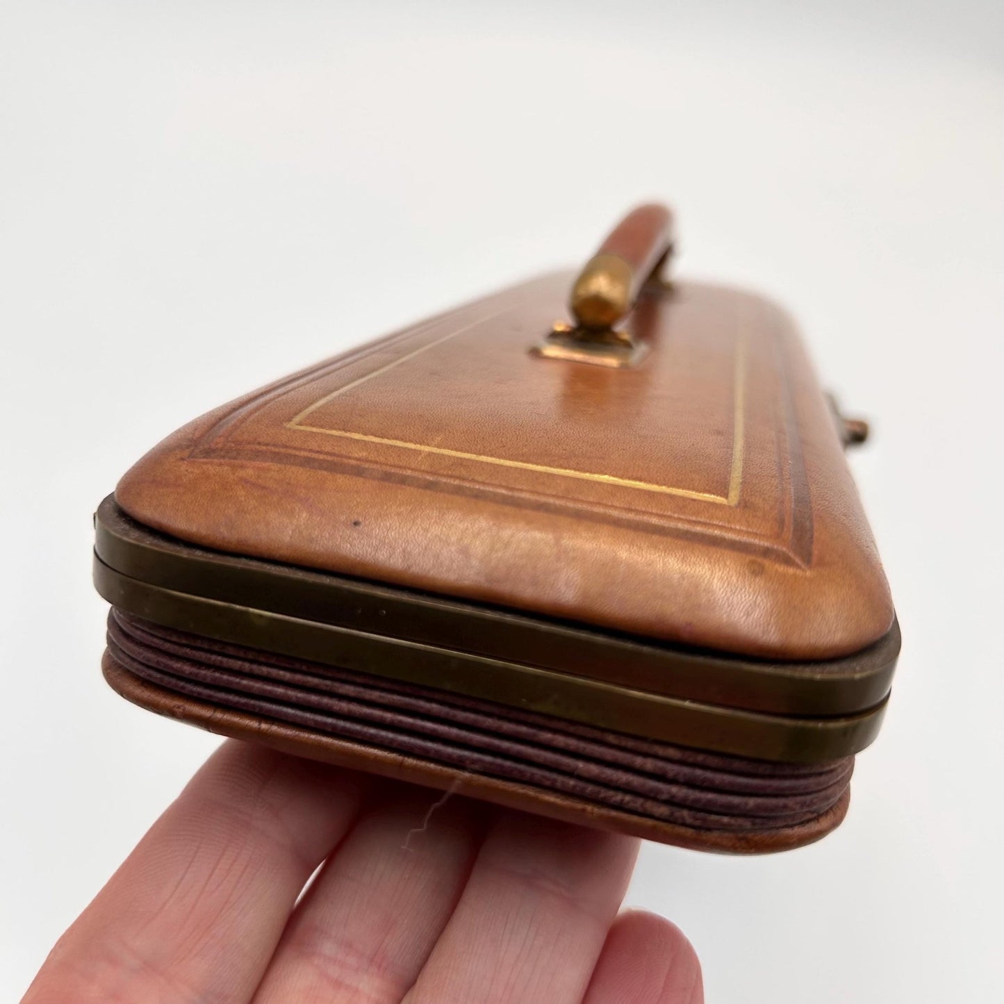 Side view of Antique leather expanding glove case, glove box lined in blue silk - Splendid Vintage World