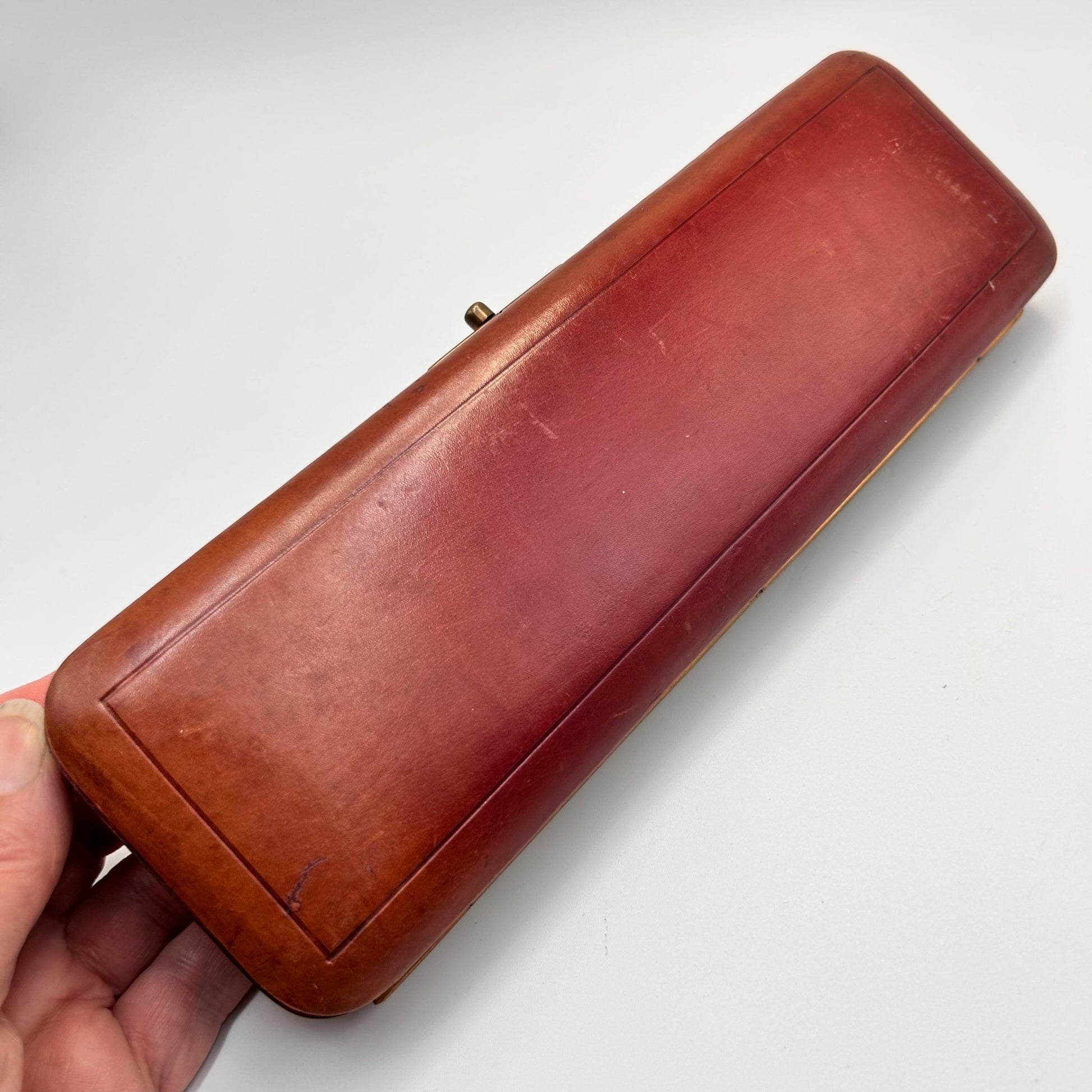 Underside view of the Antique leather expanding glove case, glove box lined in blue silk - Splendid Vintage World