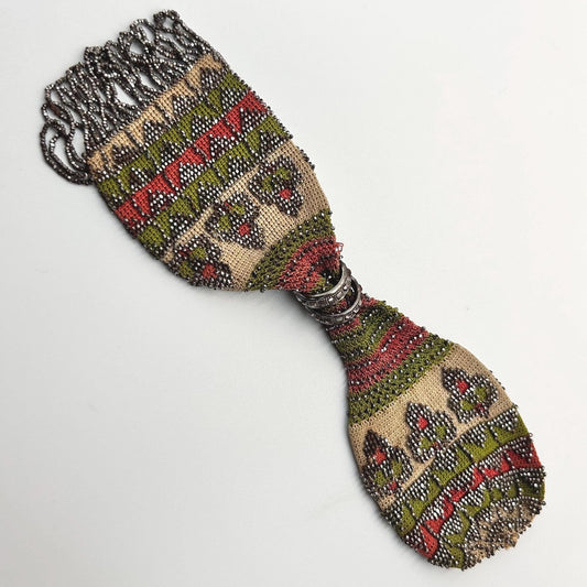 Antique misers purse with cut steel beading and fringe in green, red & beige 19 cm - Splendid Vintage World