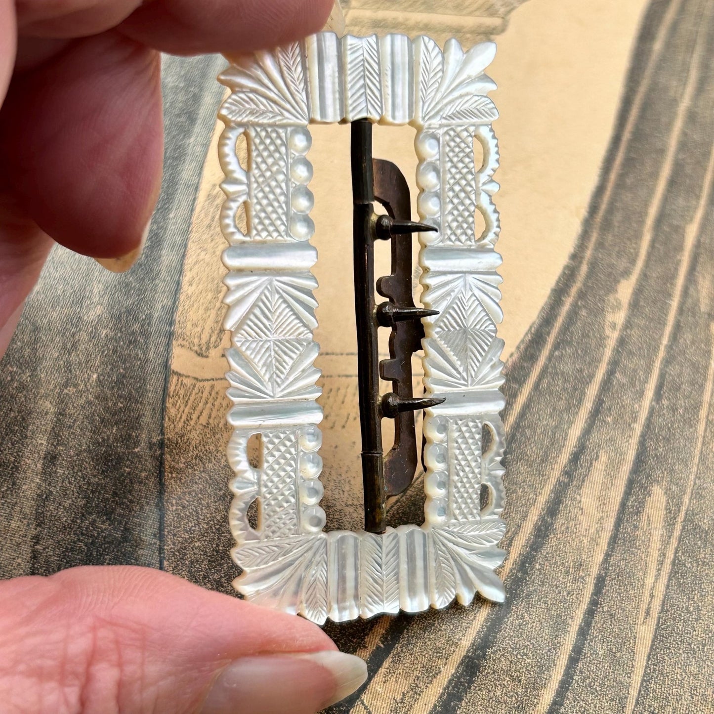 Antique Mother of Pearl Buckle featuring Carved Crowns, Regency, Georgian Victorian era- Splendid Vintage World