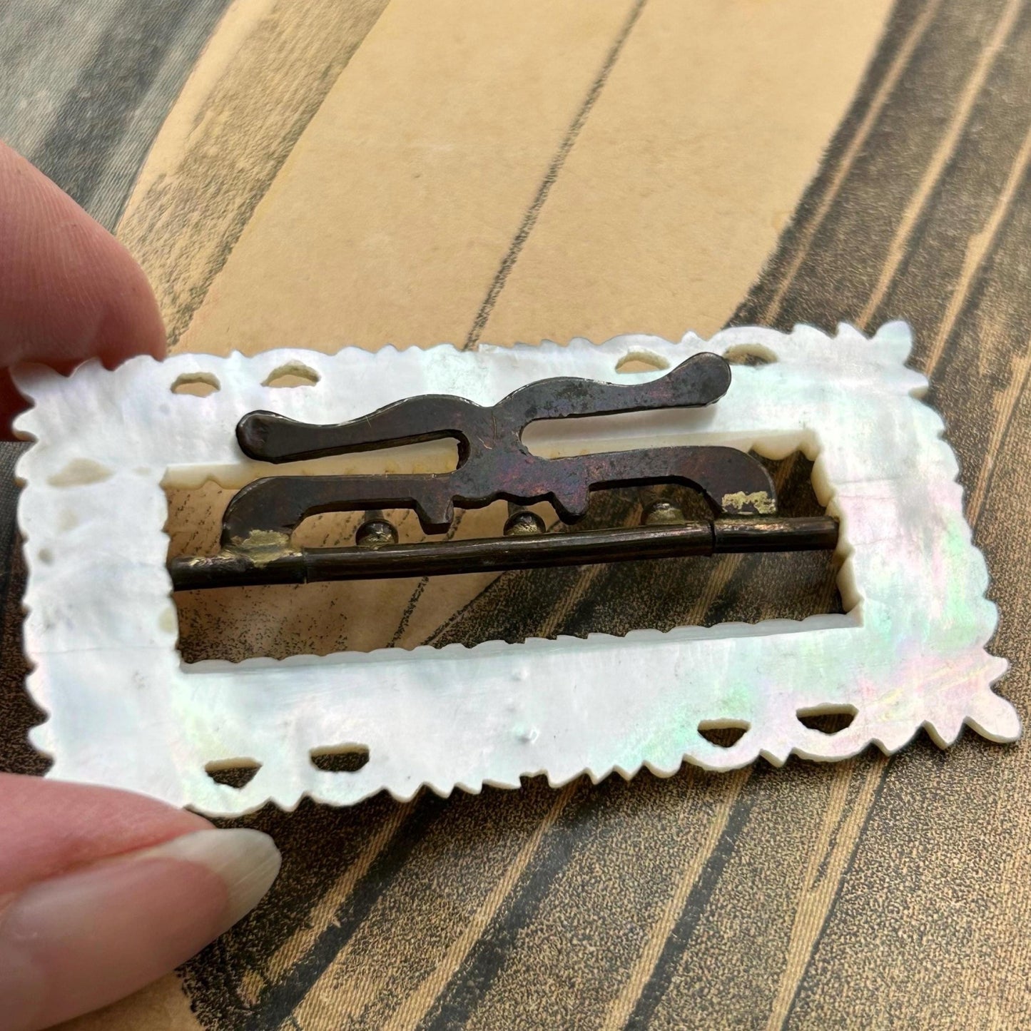 Antique Mother of Pearl Buckle featuring Carved Crowns, Regency, Georgian Victorian era- Splendid Vintage World
