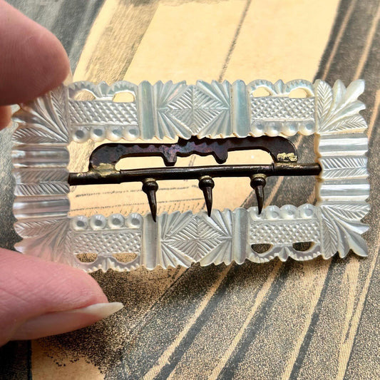 Antique Mother of Pearl Buckle featuring Carved Crowns, Georgian Victorian era - Splendid Vintage World