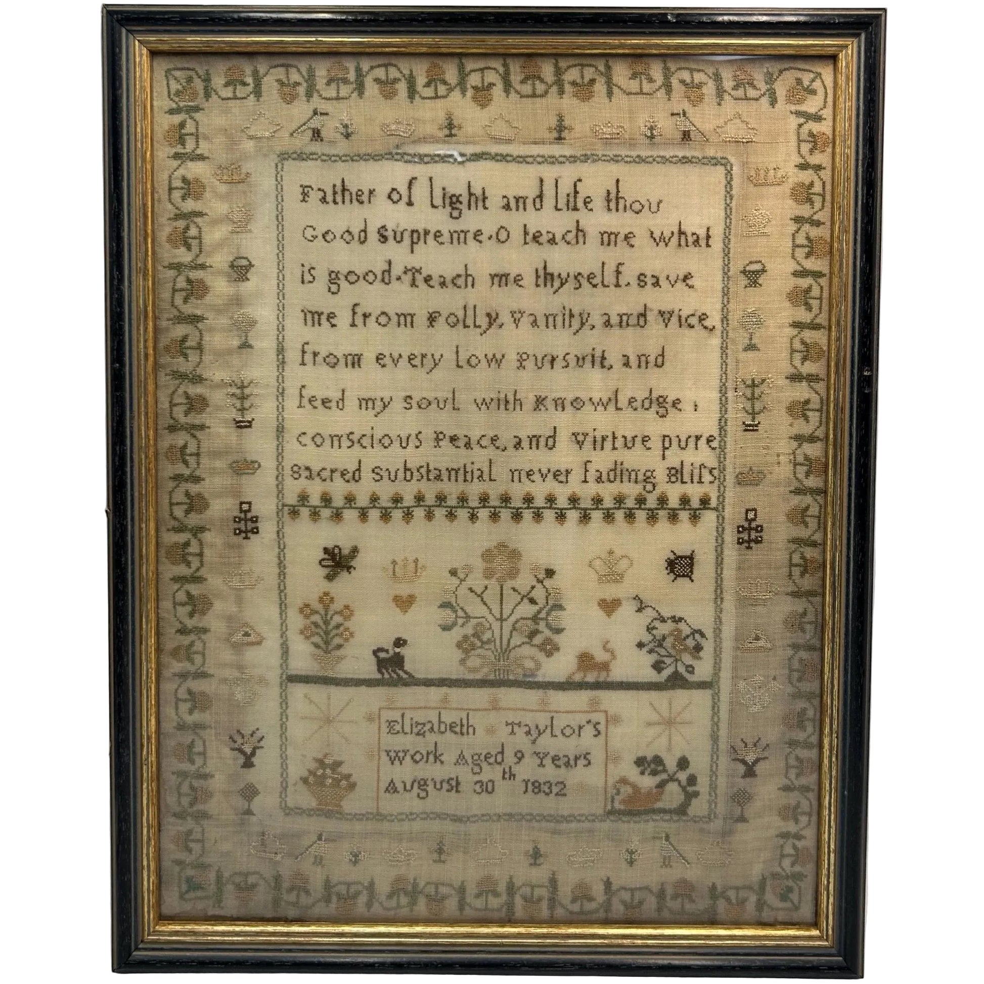 Antique Needlework Sampler 1832 William IV by Elizabeth Taylor, Floral, crown hearts & Animal Motifs - Splendid Vintage World