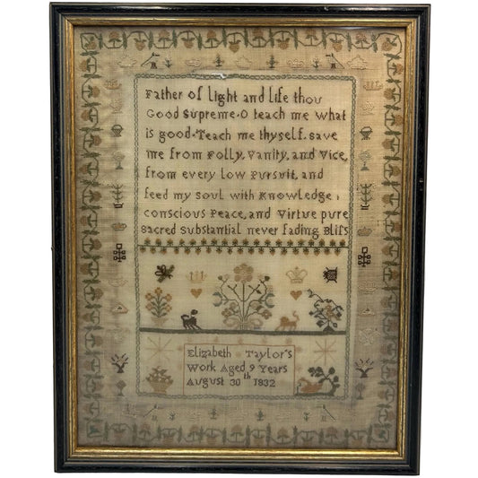 Antique Needlework Sampler 1832 William IV by Elizabeth Taylor, Floral, crown hearts & Animal Motifs - Splendid Vintage World