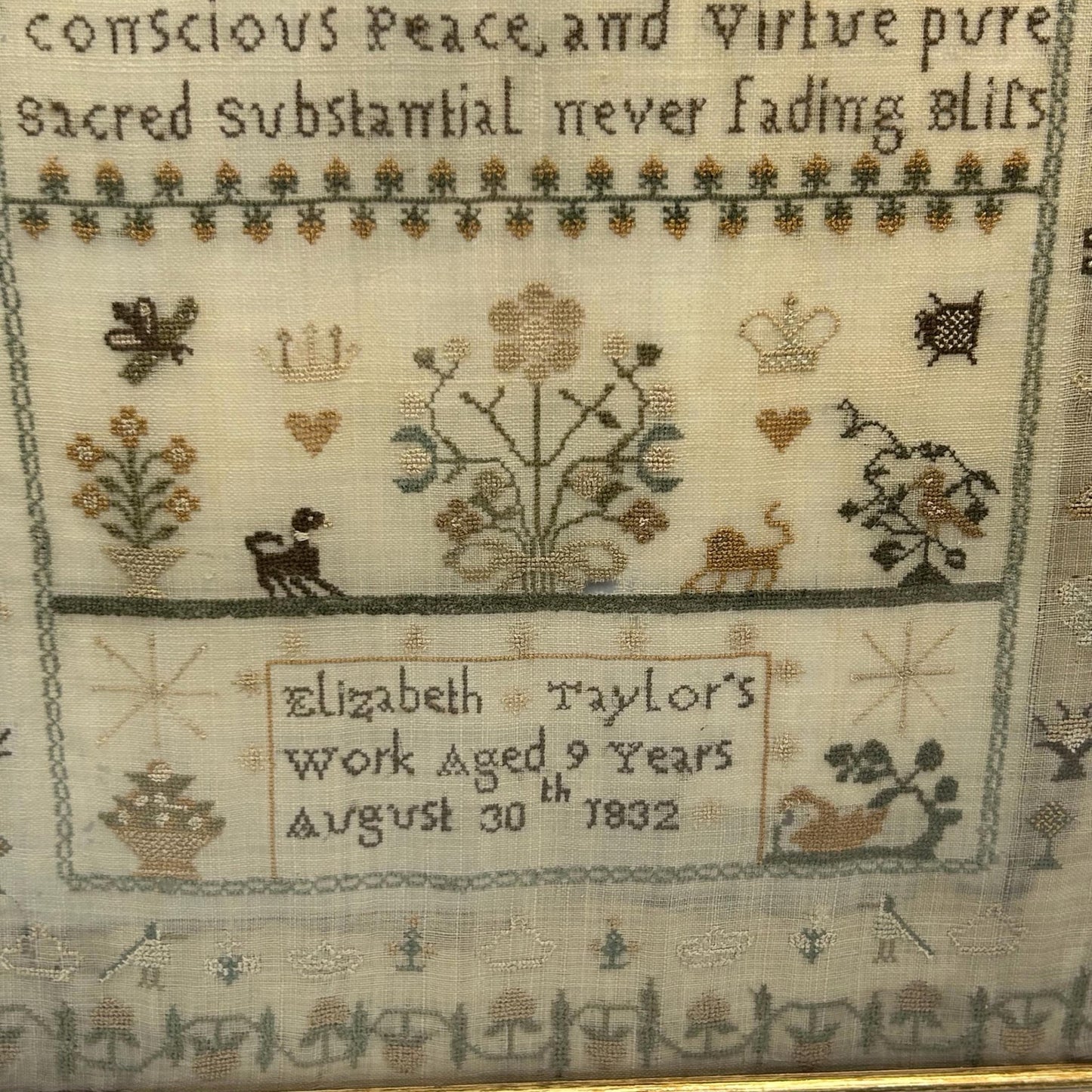 Antique Needlework Sampler 1832 William IV by Elizabeth Taylor, Floral crown, hearts & Animal Motifs - Splendid Vintage World