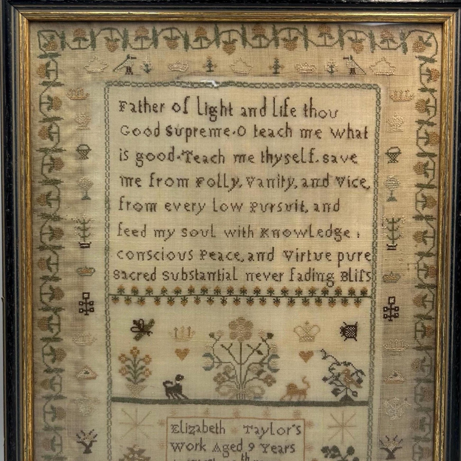 Antique Needlework Sampler 1832 William IV by Elizabeth Taylor, Floral crown, hearts & Animal Motifs - Splendid Vintage World