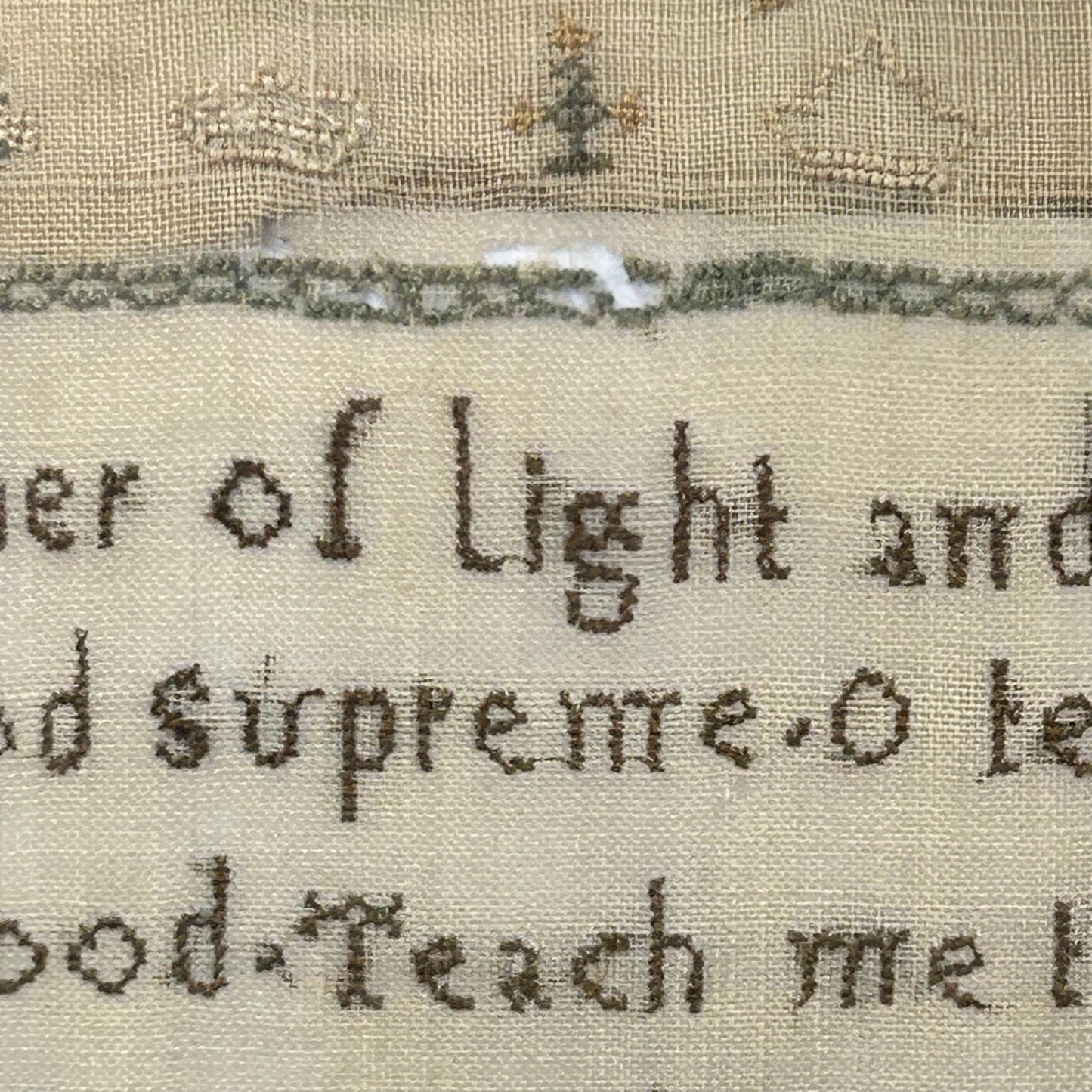 close up of a fault in Antique Needlework Sampler 1832 William IV by Elizabeth Taylor aged 9 - Splendid Vintage World