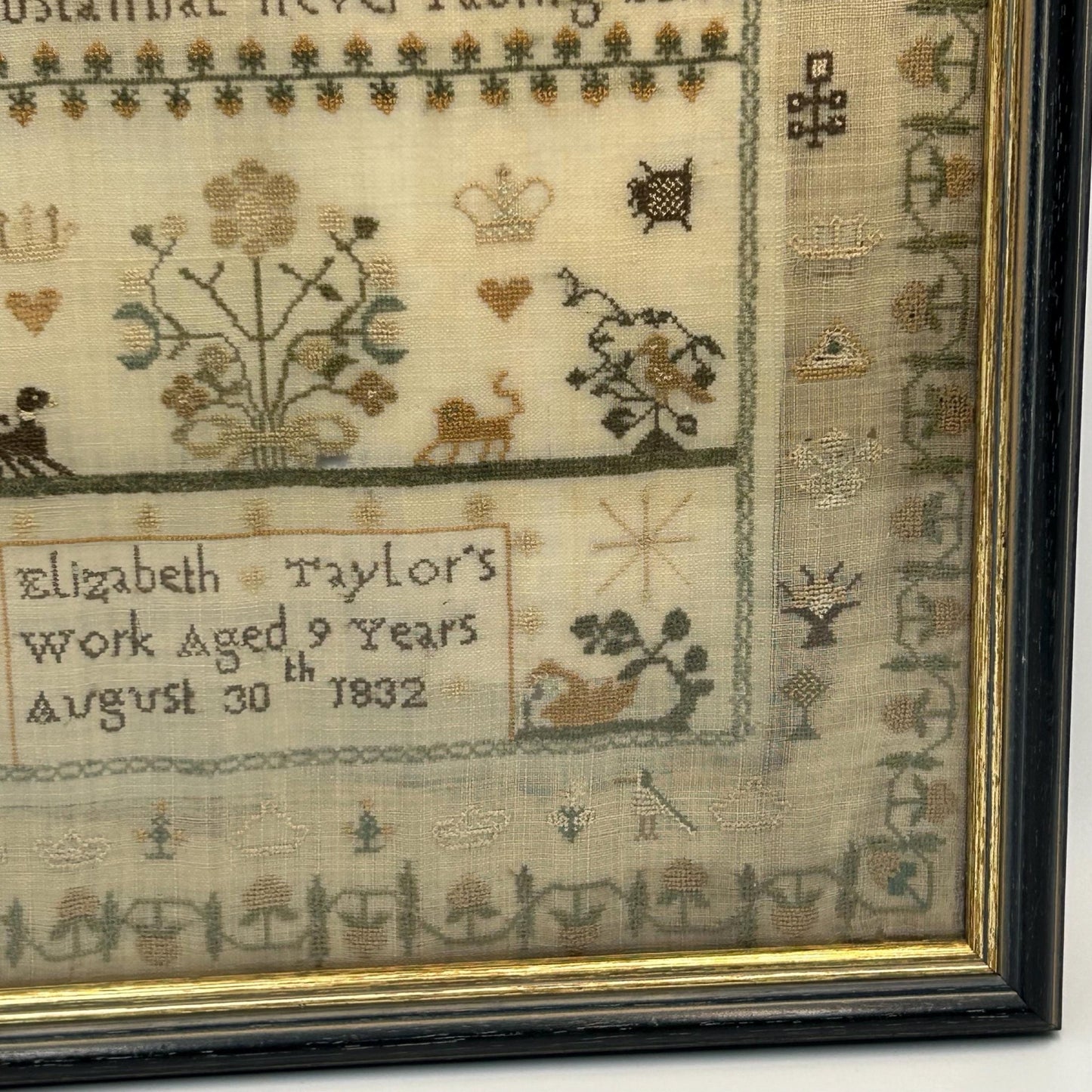 Antique Needlework Sampler 1832 William IV by Elizabeth Taylor, Floral crown, hearts & Animal Motifs - Splendid Vintage World