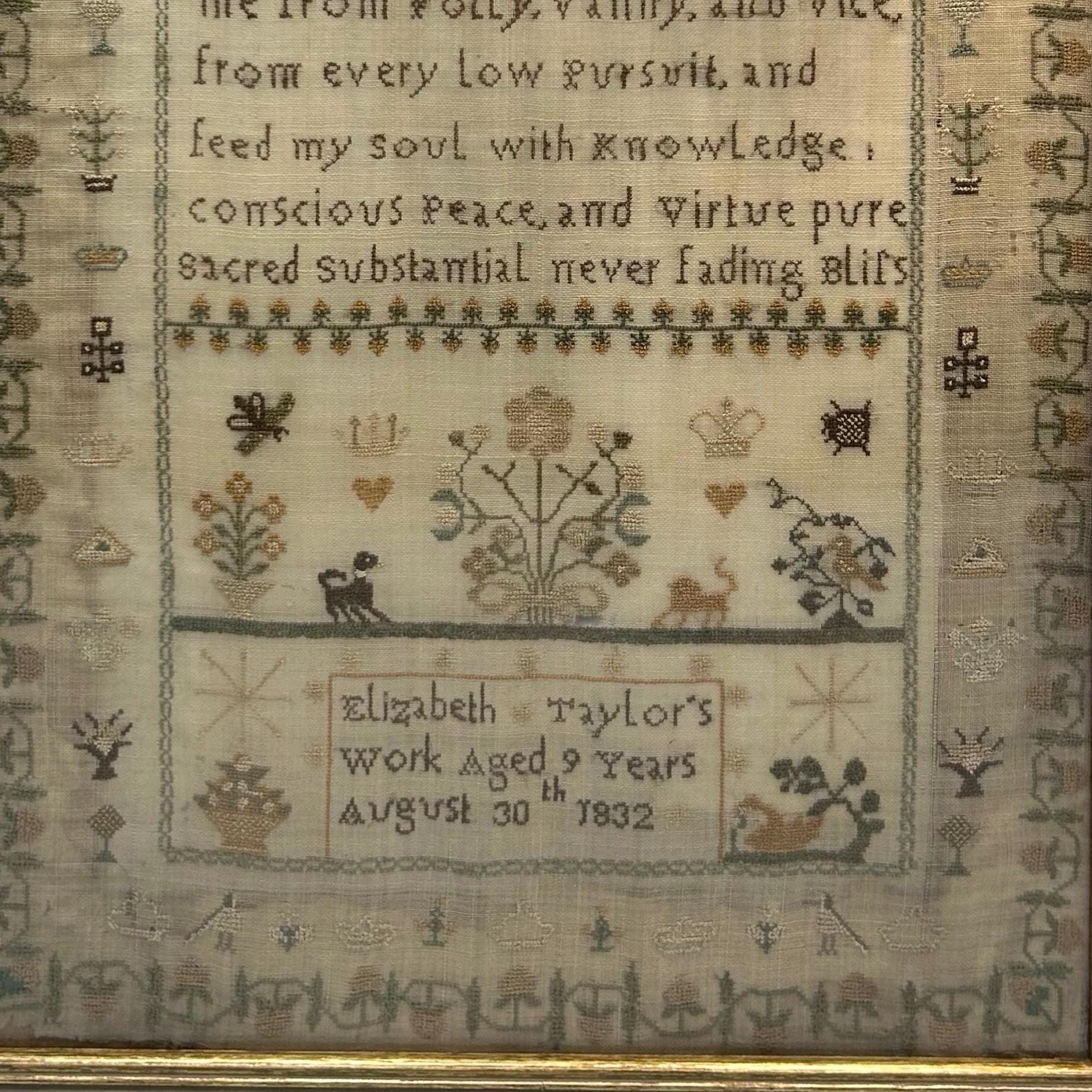 Antique Needlework Sampler 1832 William IV by Elizabeth Taylor, Floral crown, hearts & Animal Motifs - Splendid Vintage World