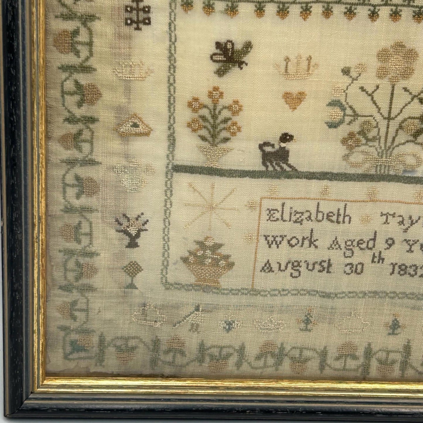 Antique Needlework Sampler 1832 William IV by Elizabeth Taylor, Floral crown, hearts & Animal Motifs - Splendid Vintage World