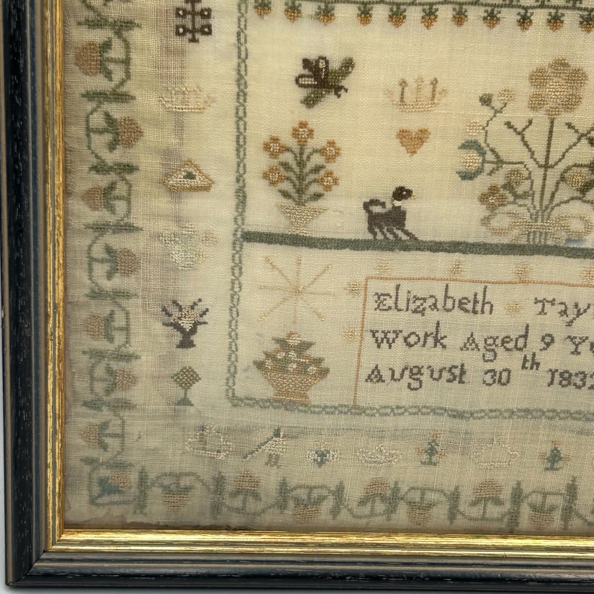 Antique Needlework Sampler 1832 William IV by Elizabeth Taylor, Floral crown, hearts & Animal Motifs - Splendid Vintage World